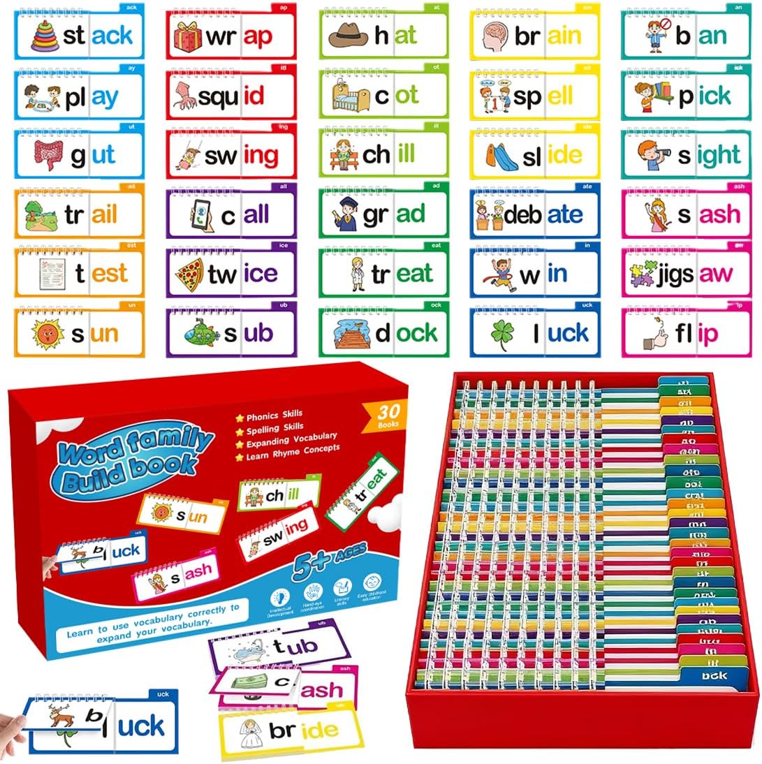 30 Read and Rhyme Flip Books,Sight Words Flash Cards Kindergarten,Kids Phonics Flash Cards,Word Family Build Books Phonics Games Books Gift for Kids Adults Stress Relief