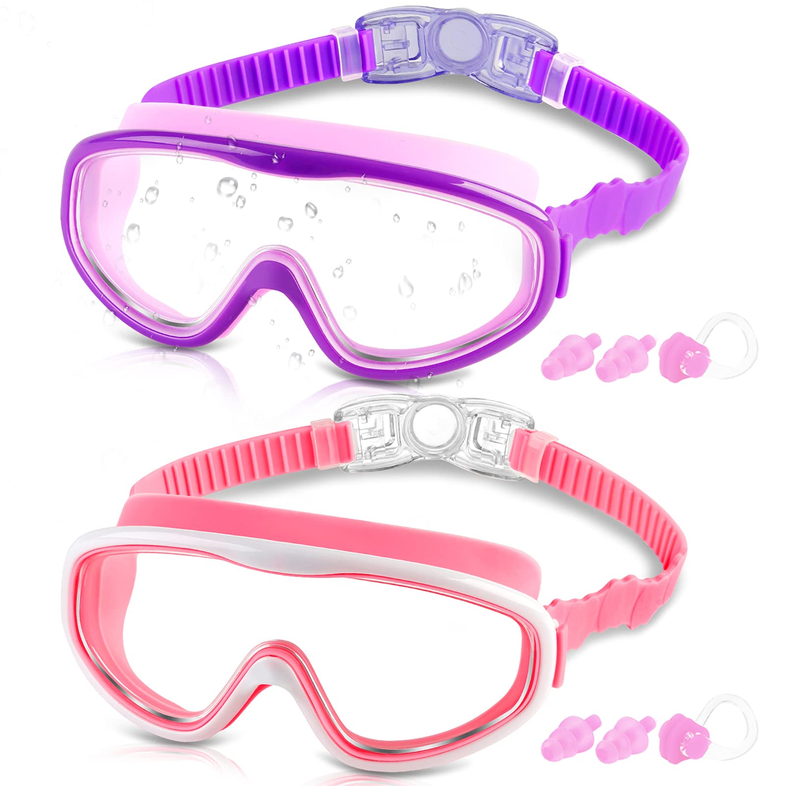 COOLOO Kids Swim Goggles for Age 3-15, 2 Pack Kids Goggles for Swimming with Nose Cover, No Leaking, Anti-Fog, Waterproof