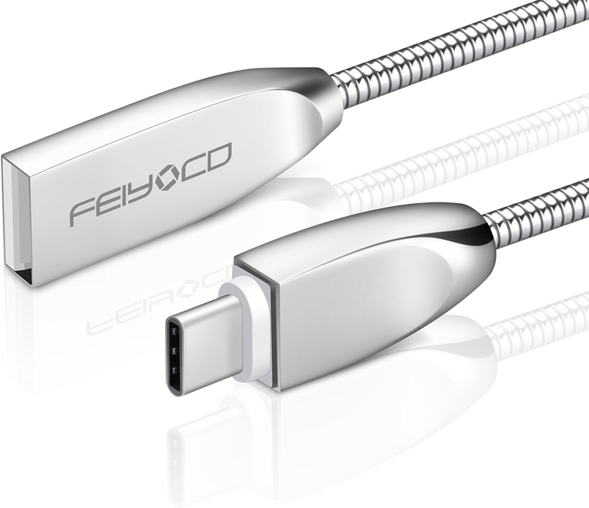 FEIYOLD USB C Cable, Metal Spring USB Type C Cable Fast Charging USB Cable for Samsung Galaxy S9,S8,S8+,Note 8,Nintendo Switch,Sony Xperia XZ,Google Pixel,HTC 10,Huawei P9,P10 More[3.3ft/Silver]