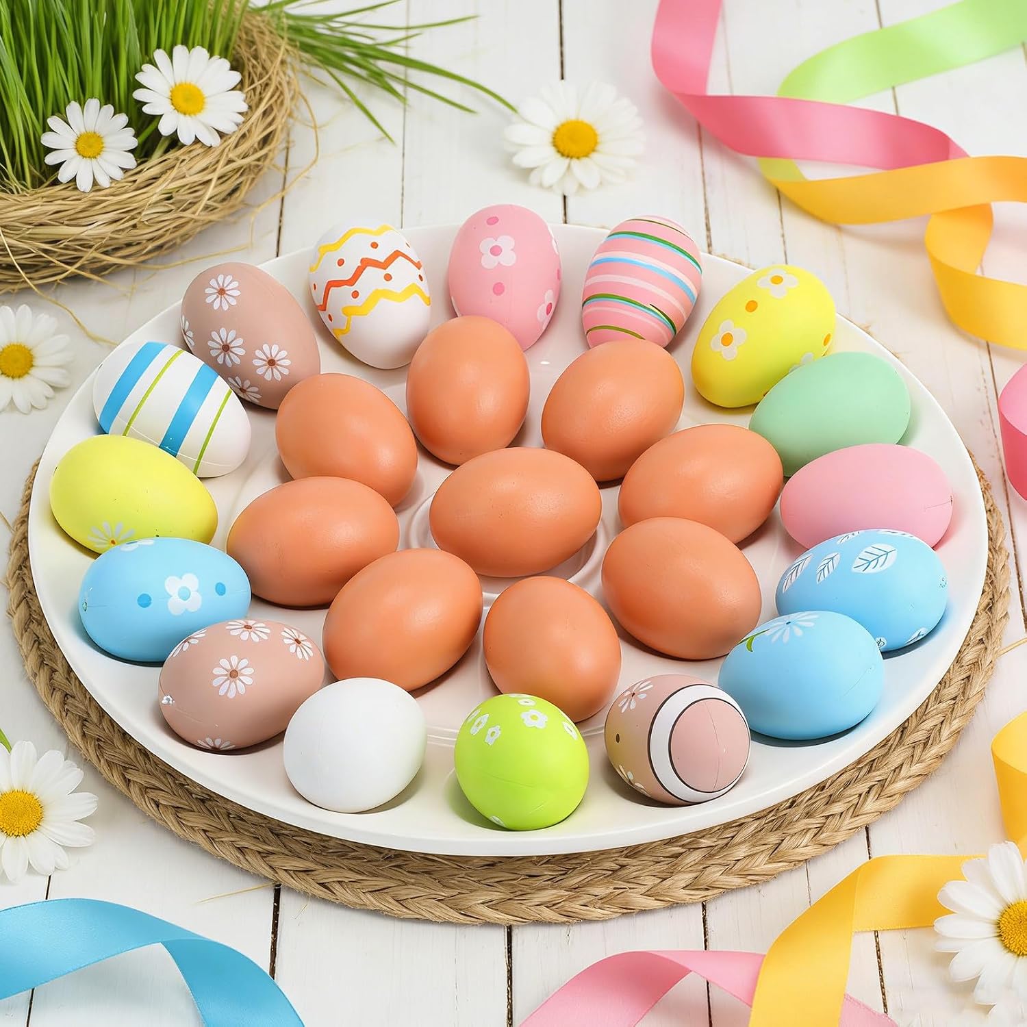 Garneck Ceramic Deviled Egg Tray: 24-hole Round Deviled Egg Platter - Microwave Refrigerator Safe Serving Plate for Easter Parties, Gatherings Appetizers 13 Inch