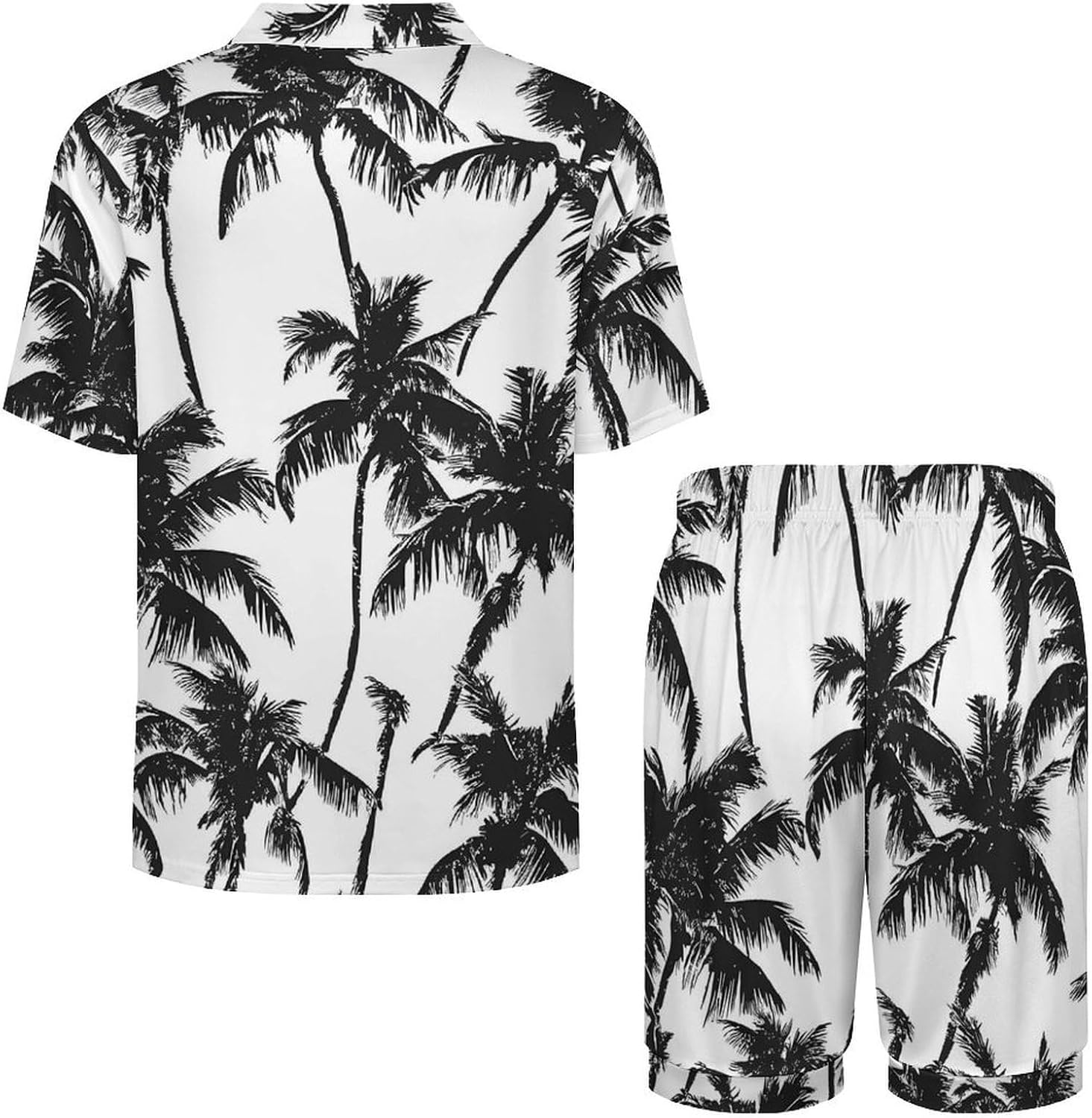 Black And White Palms Trees Men's Short Sleeve Pajama Set Satin Silk Like Lounge Sleepwear