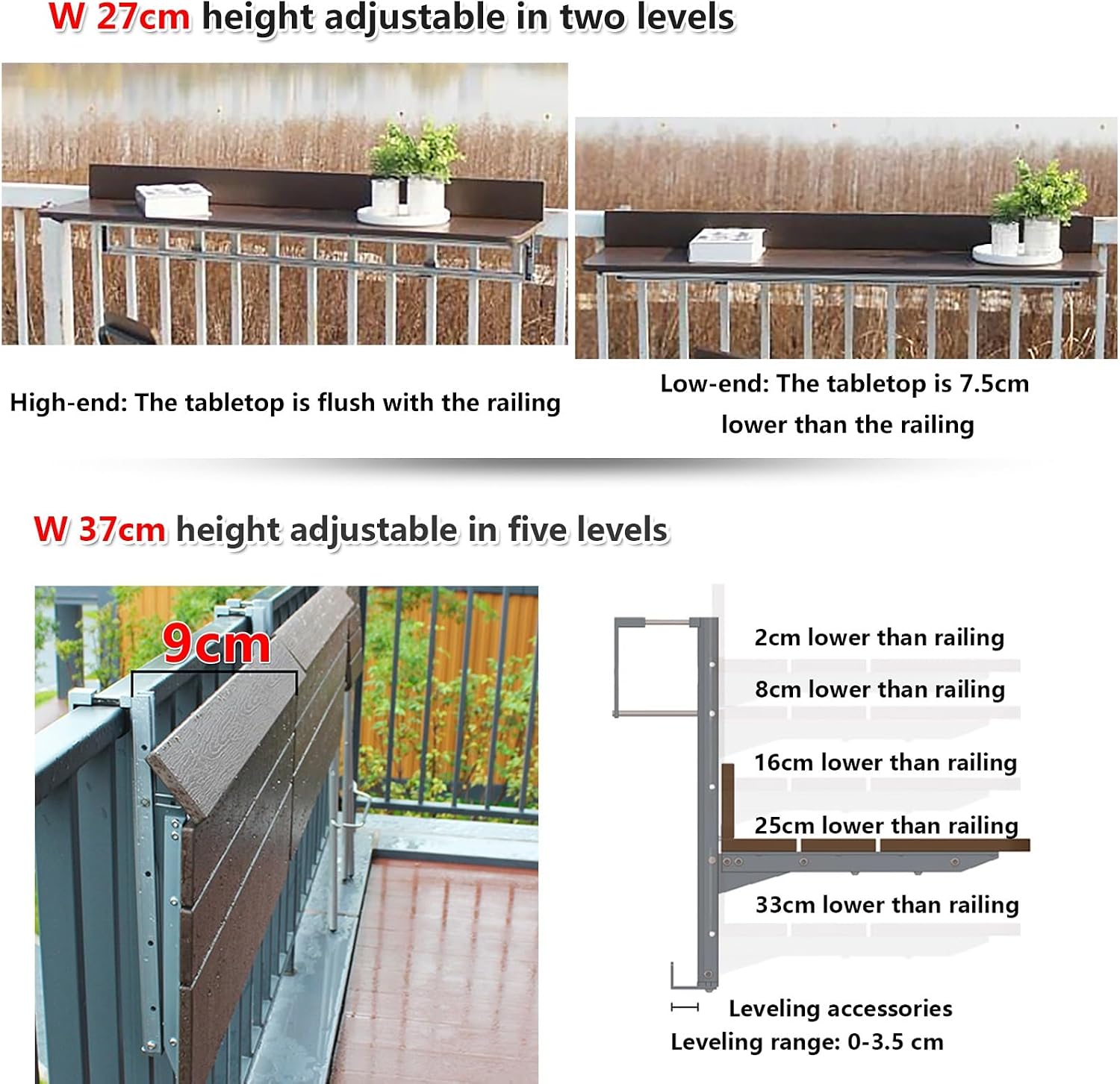Folding Balcony Railing Table - Adjustable Height, Multi-Functional Rail Hanging Desk for Small Outdoor Dining & Workspace, Compact Design (L31.5 x W10.6) image 5