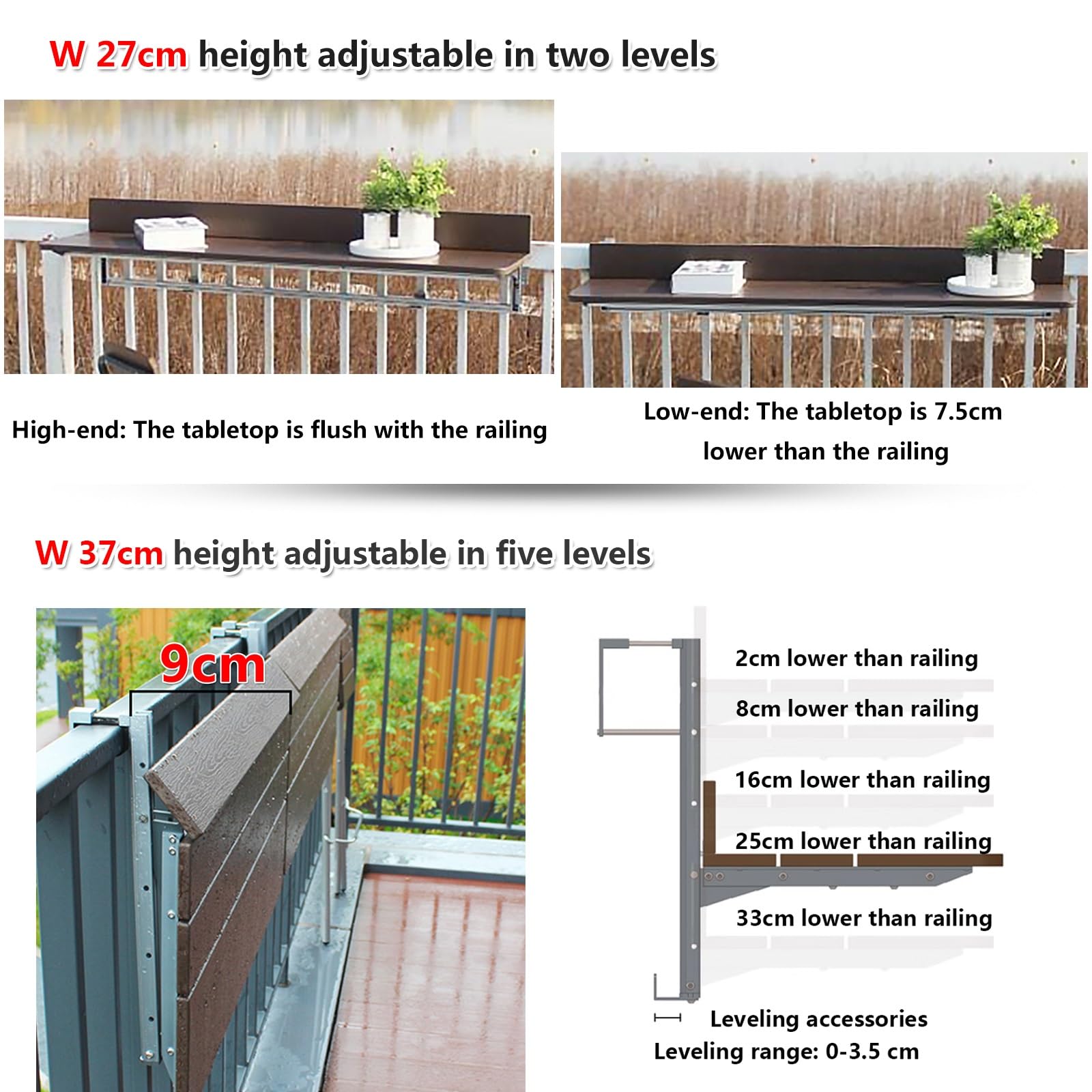 Generisch Wetterfester, klappbarer Balkontisch aus Aluminium, platzsparender Beistelltisch in Braun, 120 x 37 cm (47,2 x 10,6 Zoll), ideal für Terrasse, Garten und Balkon.