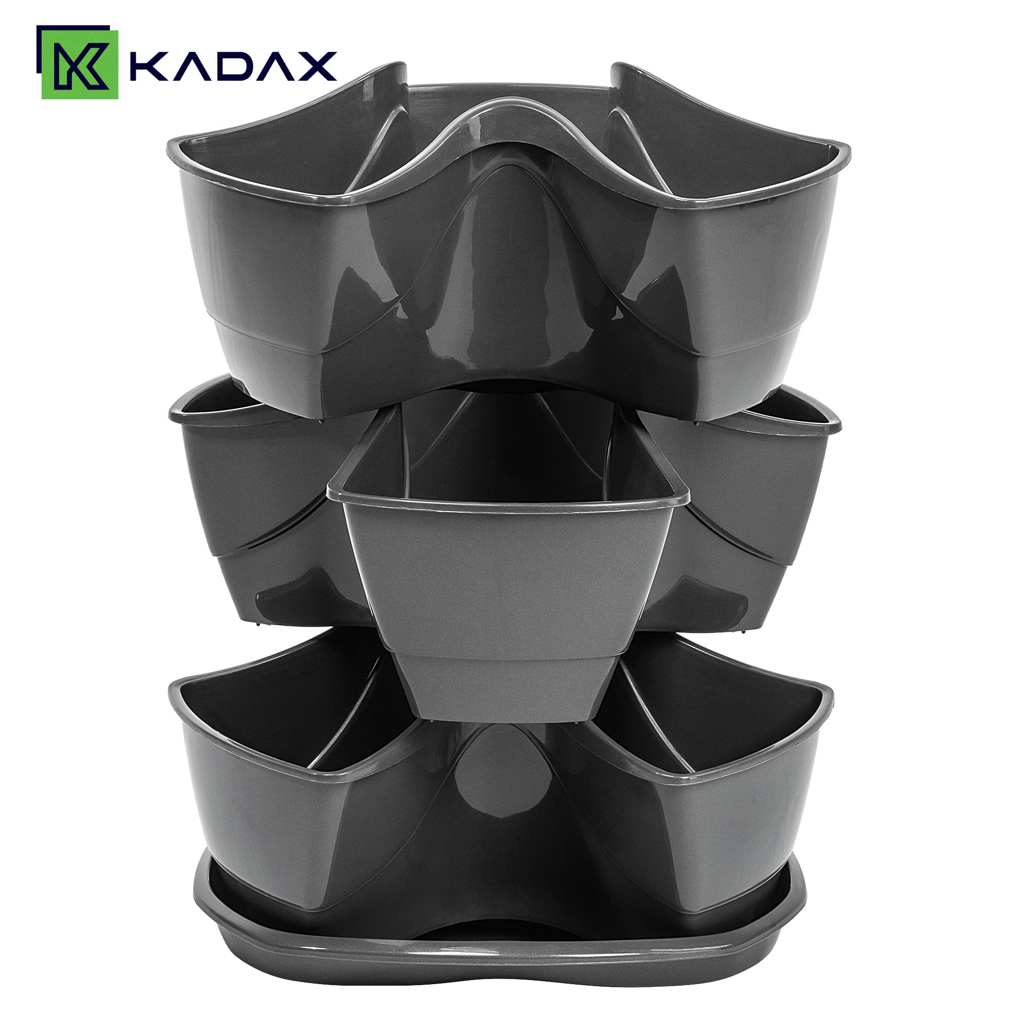KADAX Pflanzturm, Vertikaler Kräutergarten aus robustem Kunststoff, 3L/9L Säulentopf, Vertikaler Garten für Balkon, Terrasse, Stapelbare Pflanztöpfe (Stehend 3, Graphit)