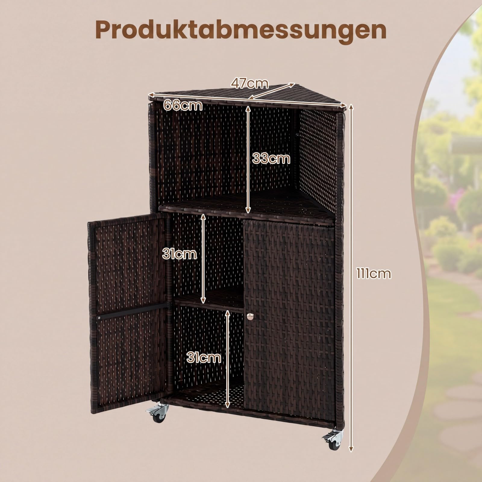 COSTWAY Gartenschrank Rattan Ecke, Terrassenschrank mit Rollen, offenem Fach und Doppeltür, Outdoor Aufbewahrungsschrank, Eckschrank für Garten, Terrasse, Balkon, 66 x 47 x 111 cm