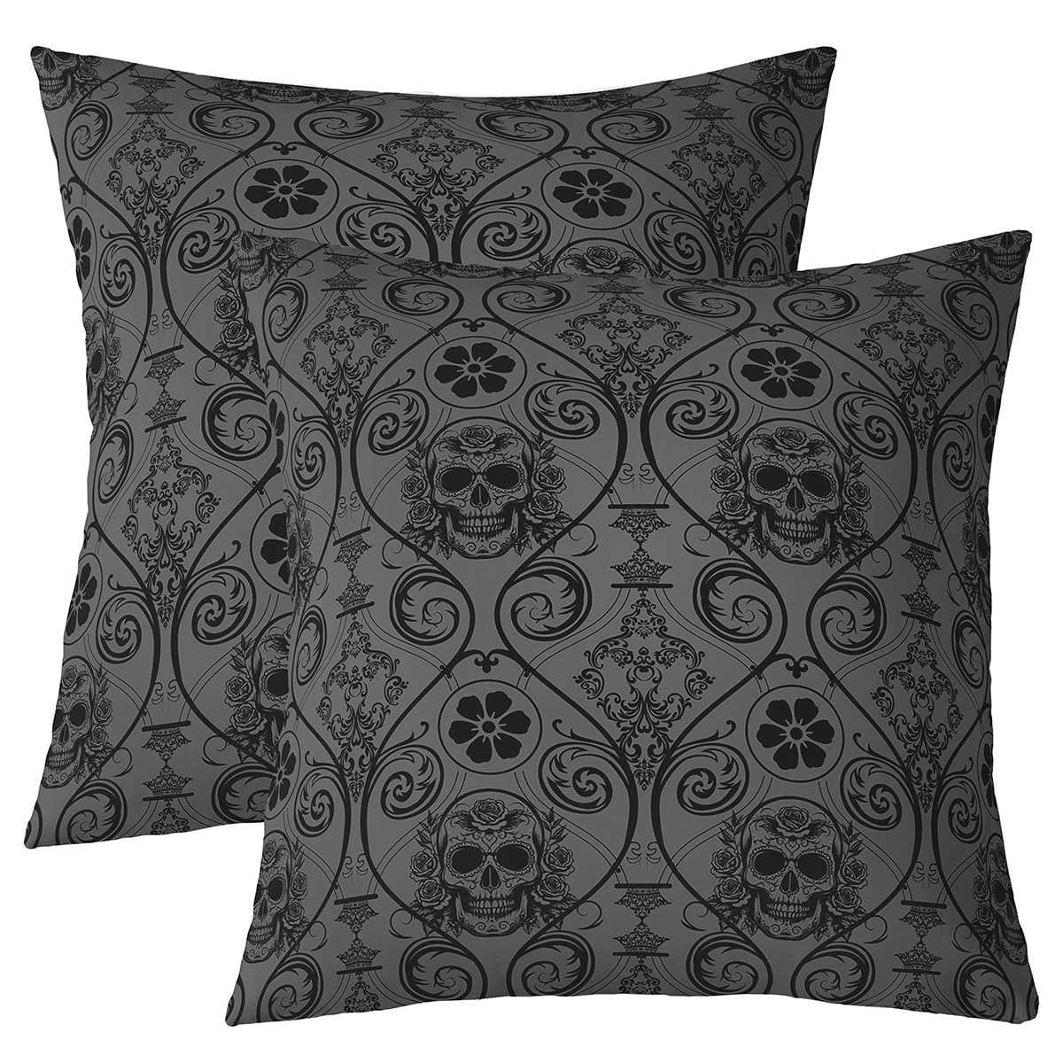 Homemissing Adults Black Damask Throw Pillow Covers Antique Victorian Baroque Decor Throw Pillowcases 60x60cm Set of 2 Soft Exotic Sugar Skull Rose Pillow Cases Cushion Covers Gothic Vintage Floral