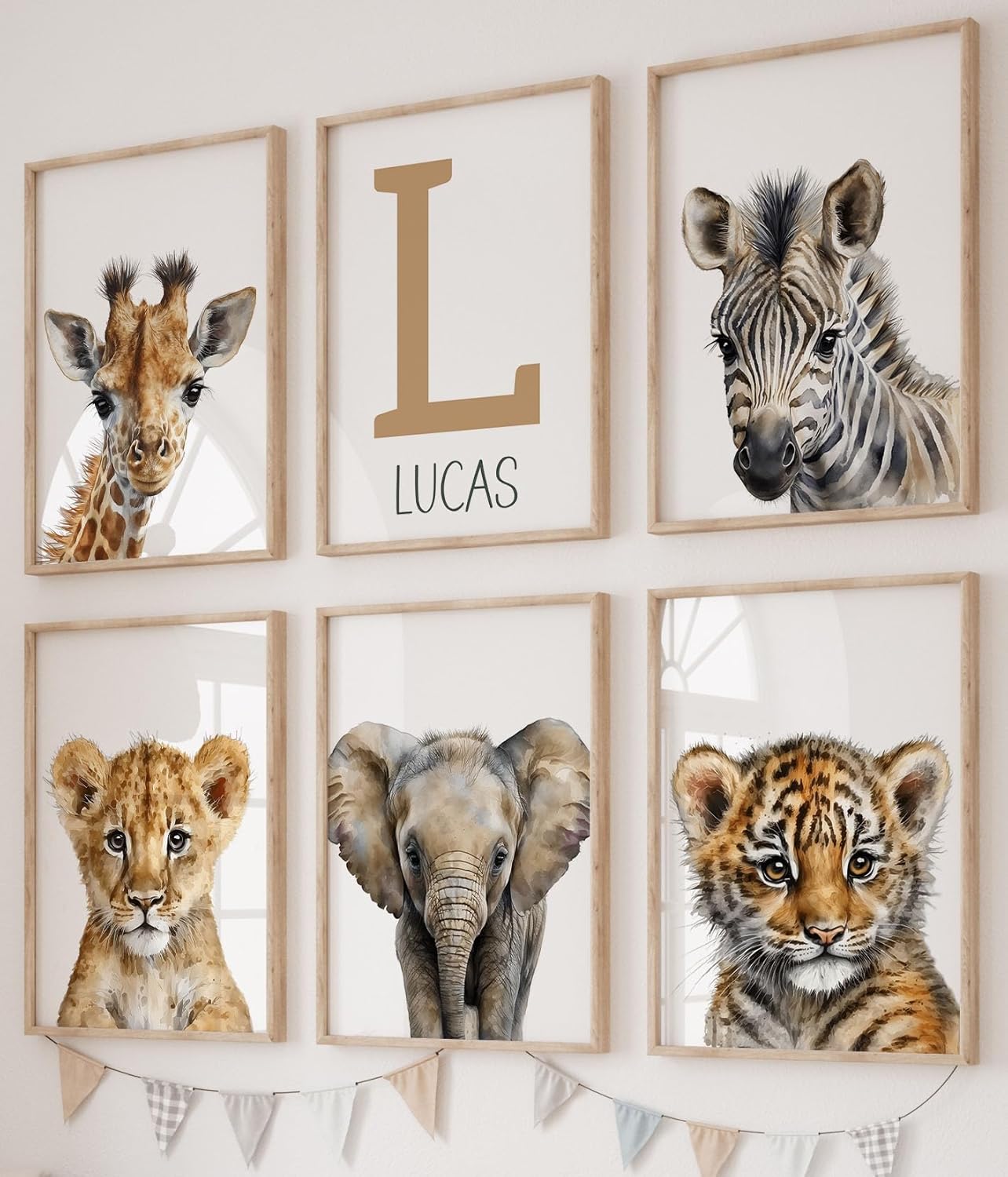 Personalized Safari Animals for Baby Boy Girl Nursery Bedroom, Unframed Set of 3 Poster Prints, Personalized Name Gray Blue Green Yellow Watercolour Splash Wall Art Decor, Gift Present, Elephant Giraffe Lion (12x16)