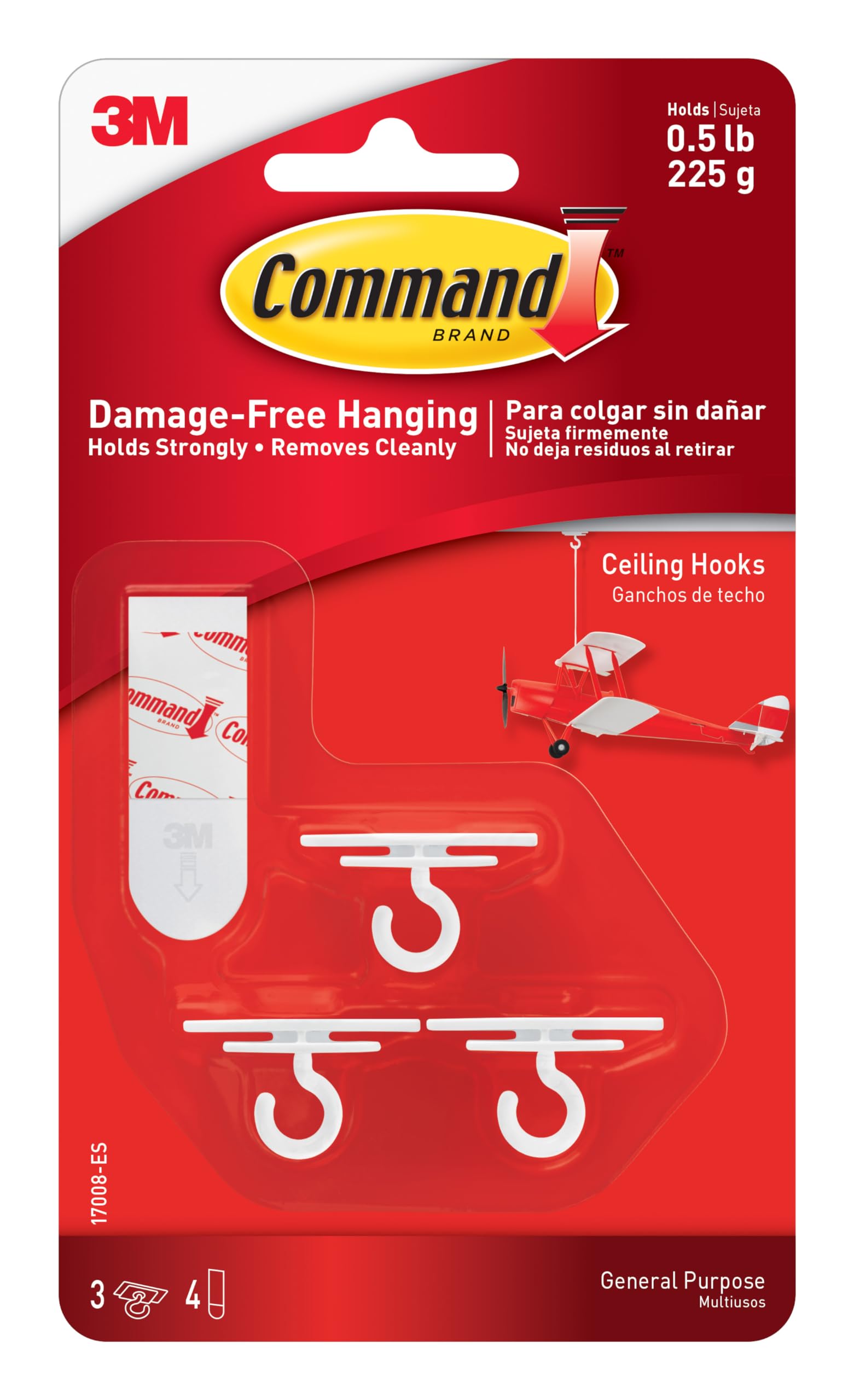 Command White Ceiling Hooks, - Pack Of 3 Hooks And 4 Adhesive Strips - Damage Free Hanging - Holds Up To 225 G