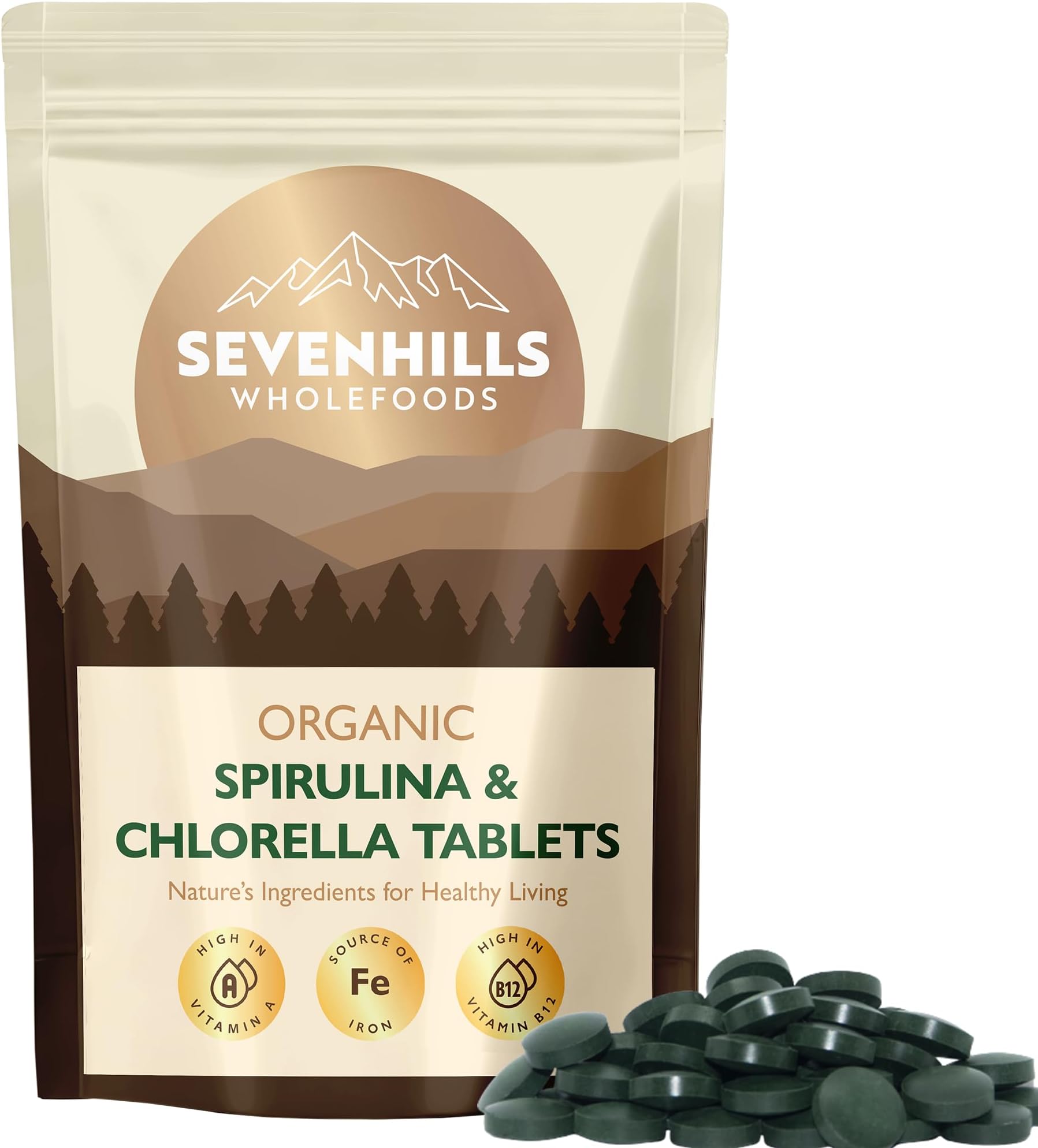 Sevenhills Wholefoods Organic Chlorella & Spirulina Tablets 500mg, Pack of 360, 180g