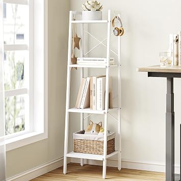 Hzuaneri Ladder Shelf, Bookshelf, Freestanding Corner Storage Shelf | Bookcase with 2 Hooks for Office, Living Room, Kitchen, Bedroom, Industrial, 11.8"D x 13.4"W x 47.2"H, White BC13213W