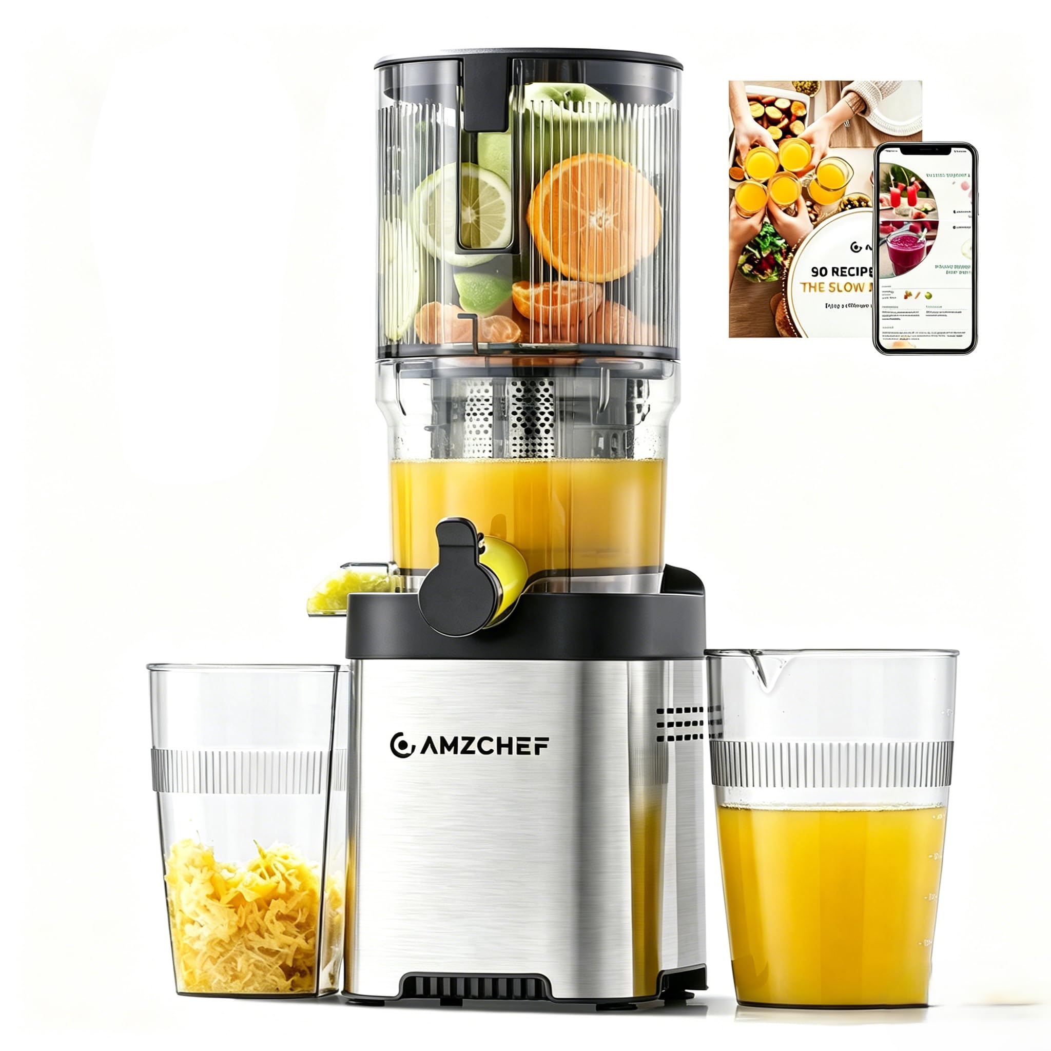 AMZCHEF Entsafter Saftpresse Slow Juicer 130mm, Leise, Leicht zu Reinigen | Schnell Sauber, Gemüse & Obst Saft, Hohe Ausbeute, Trockener Trester, Leiser Lauf, Ganze Äpfel
