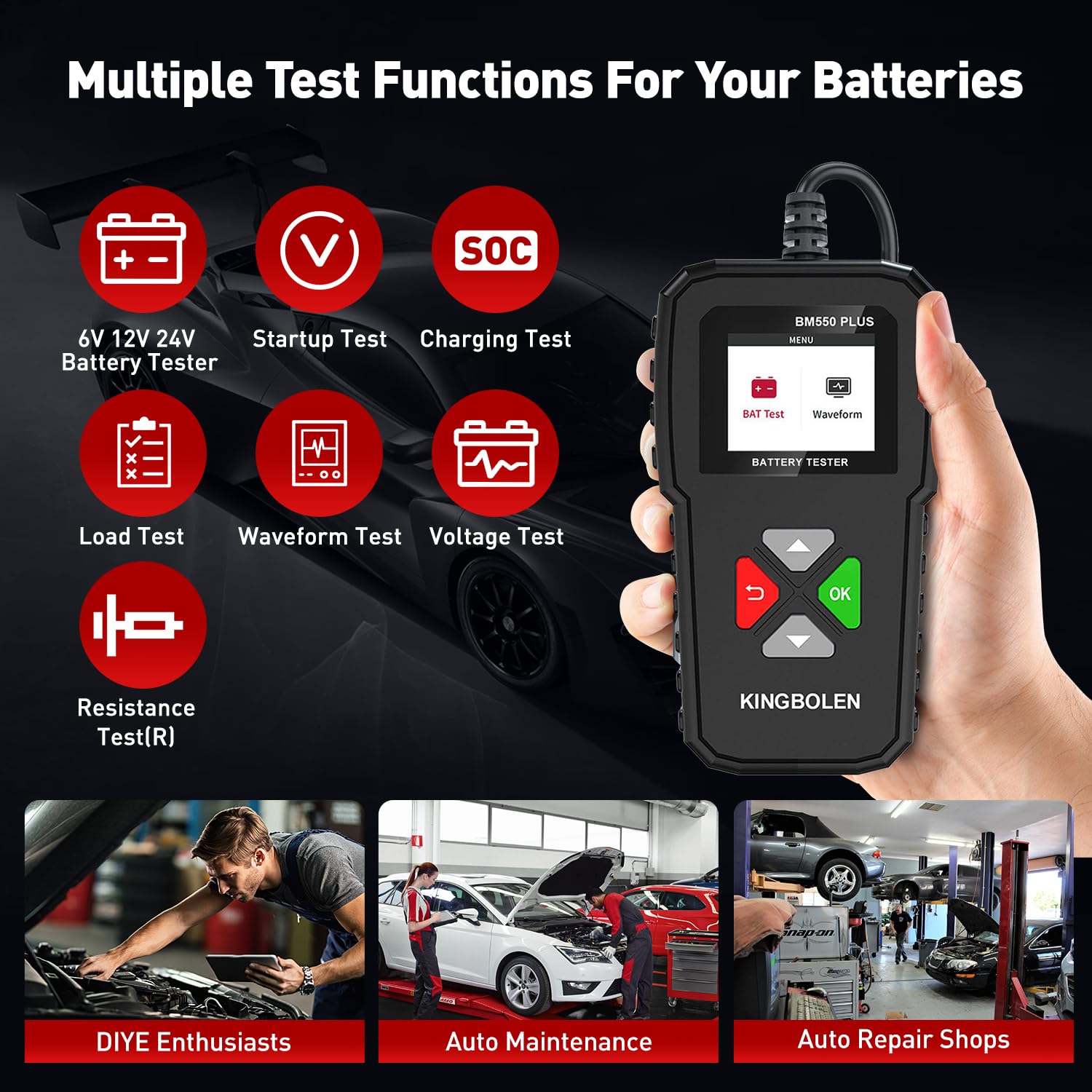 KINGBOLEN Comprobador de baterias de coche 24V/12V/6V, BM550 PLUS 2-220Ah 100-2000 CCA Pantalla LED arrancador baterias coches comprobador de pilas para coche apto para automóviles motocicleta ATV SUV