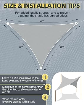 Sun Shade Sail, 3x3x3M Triangle Sun Shade Sail, Waterproof, Breathable, UV Blocker, Strong Wind Resistance, Garden Sail with Installation Kit, for Garden, Patio, Pool, Backyard