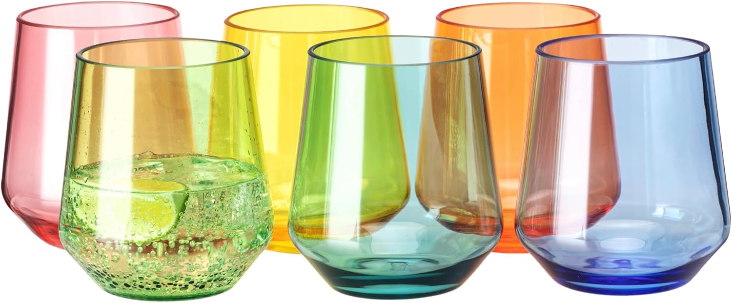 MIYOPESI 16oz Colorful Stemless Wines Cups (Set of 6), Shatter-Proof Acrylic Glasses Drinkware, Reusable Plastic Bar Glasses, BPA-Free, Dishwasher-Safe