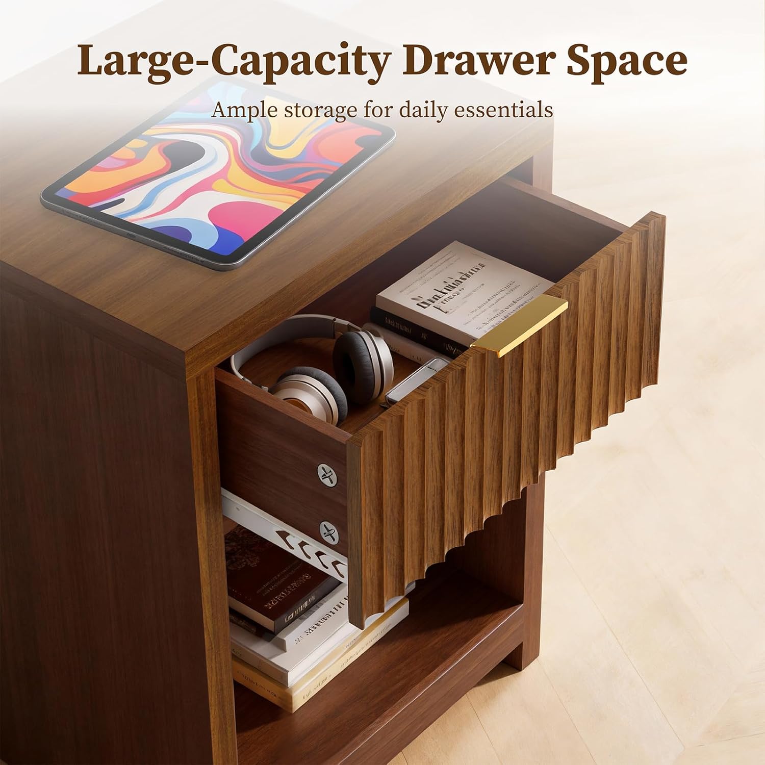 Fluted Nightstands,Wooden Night Stand with Drawer Storage, Modern Mid Century End Table,for Bedroom Living Room Sofa Couch Home Office,Walnut