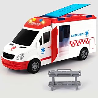 ArtCreativity Ambulance Toy Truck for Kids, Lights & Siren, Friction-Powered 1/16 Scale Rescue Toy Ambulance, Emergency Vehicle Ambulance Toys for Kids 3-8 with Removable Stretcher, Doors Open