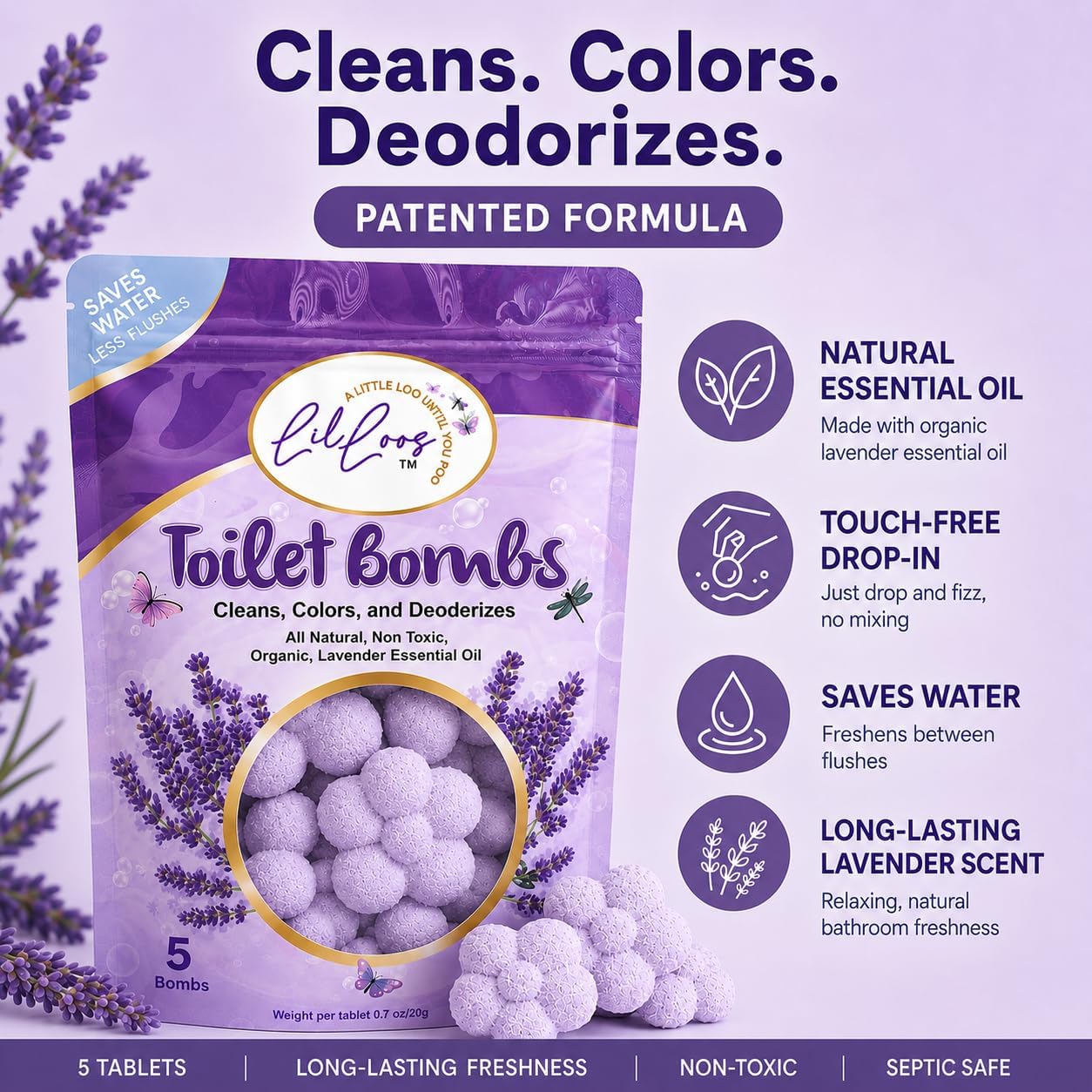 Natural Essential Oil Toilet Bombs for Toilet Bowls - Drop-In Toilet Bowl Cleaner Tablets, Long-Lasting Lavender Scent for a Fresh Bathroom (5 Tablets, Pack of 1) image 2