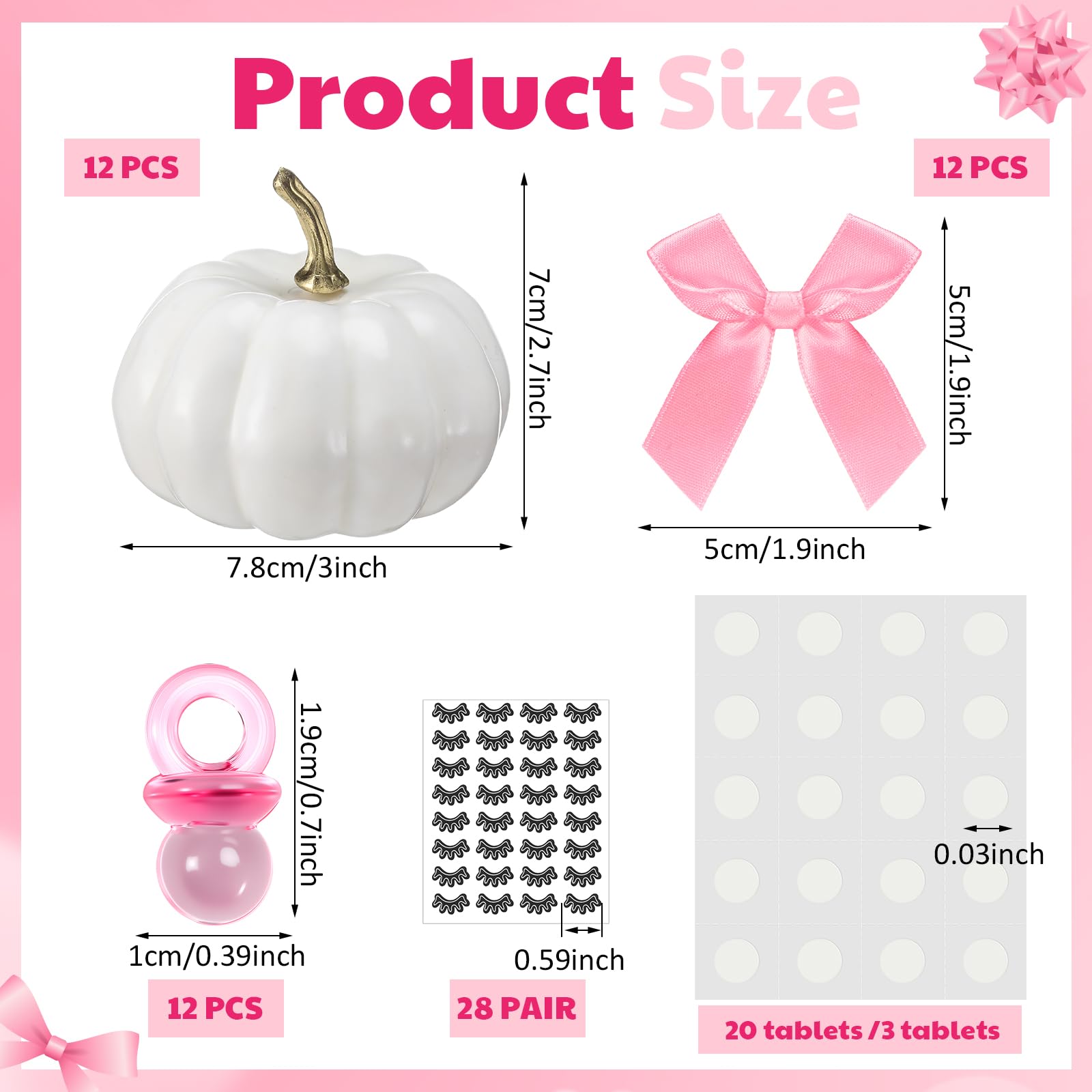Nuanchu 12 Sets DIY Fall Pumpkin Painting Kit Pumpkin Baby Shower Favors 12 Foam Craft Pumpkins, 12 Pink Bows, 12 Pink Pacifiers, 28 Pairs of Eyelash Sticker for Thanksgiving Birthday Halloween Decor