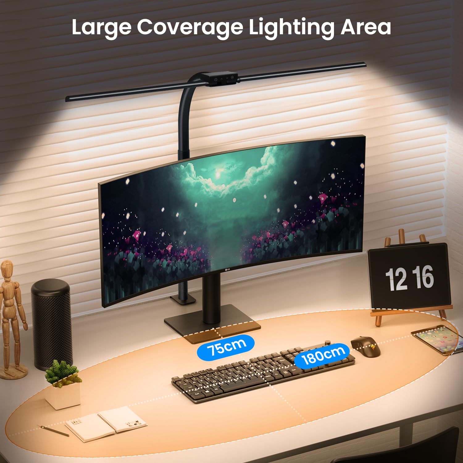 Lampe De Bureau LED Dimmable 2 Têtes Avec Télécommande - 24W 1600LM Noir, Protection Yeux, 75cm, 5 Modes Lumière Pour Grand Bureau