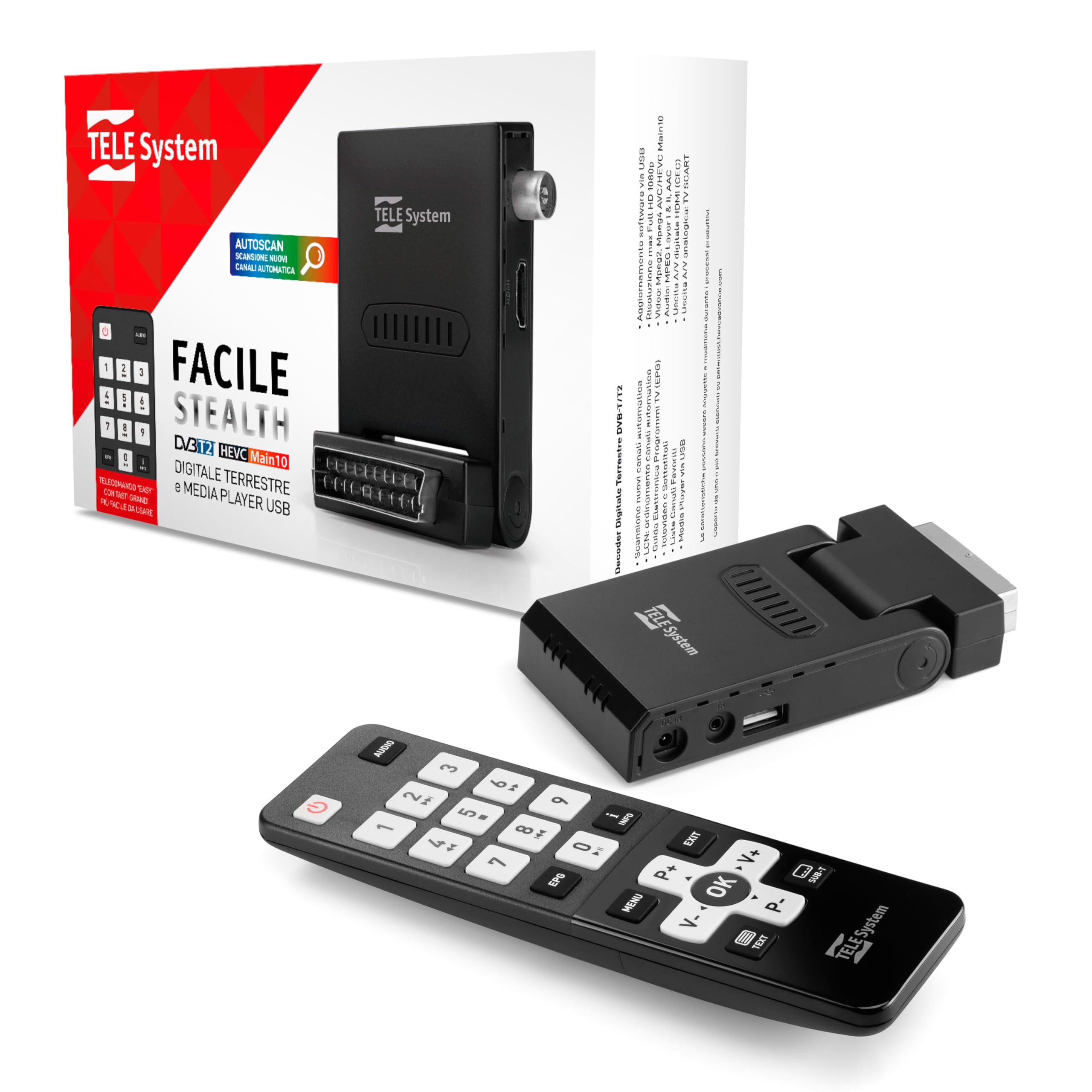 Tele System Mini Stealth Décodeur numérique terrestre avec Fonction Autoscan et LCN, Lecteur multimédia USB intégré-Télécommande Facile à Utiliser Incluse-Installation Plug & Play Via péritel ou HDMI