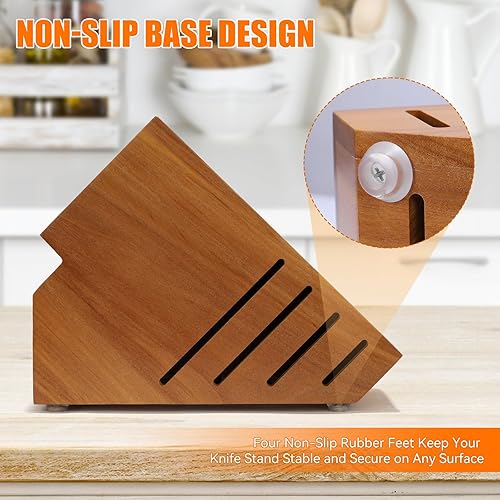 Miniatura 5 de Portacuchillos de madera de teca sin cuchillos, 20 ranuras, organizador universal grande de madera para cuchillos con ranuras anchas y soporte