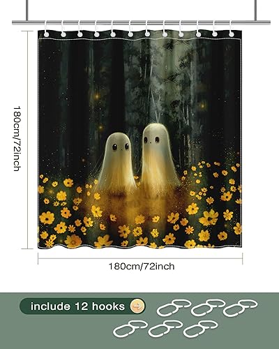 Miniatura 3 de Cortina de ducha de Halloween de tela espeluznante, bonita cortina de baño de fantasma, decoración con 12 ganchos, 72 x 72 pulgadas (amarillo, 72 x