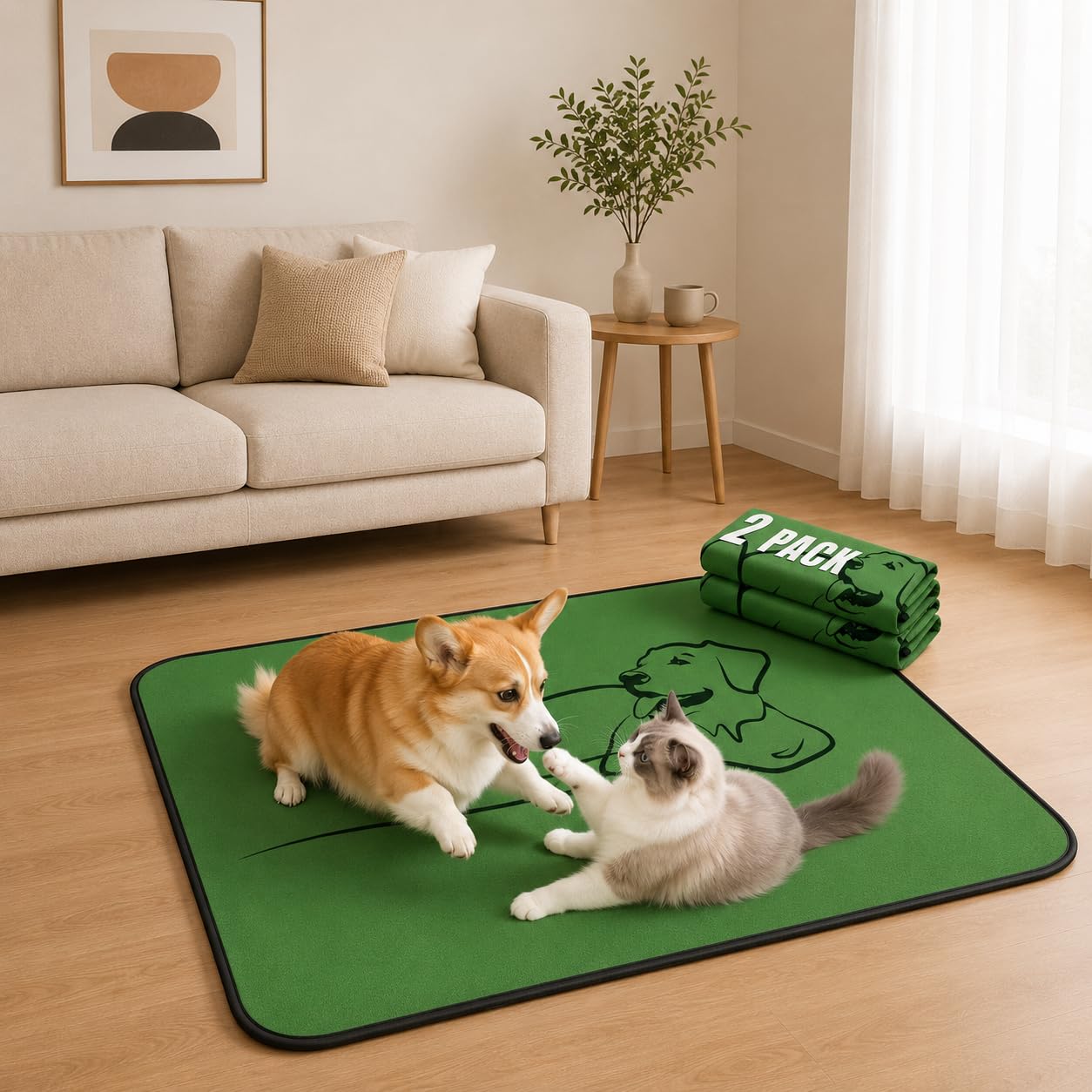 Zlune 2 Pack Washable Pee Pads for Dogs, Reusable Training Puppy pads Absorbency Non-Slip & Leak-Proof for Pet Whelping Box Playpen Crate Sofa Bed Floors (60cm ร 90cm,Green)
