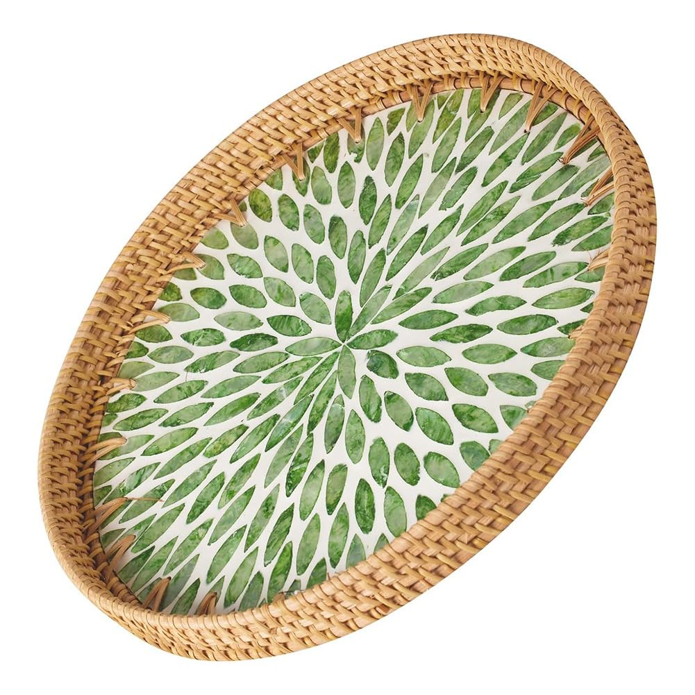 Hndhbfgrt Handmade Woven Rattan Round Serving Tray-Tray with Mother of Pearl Inlay Base Decorative Wicker Basket