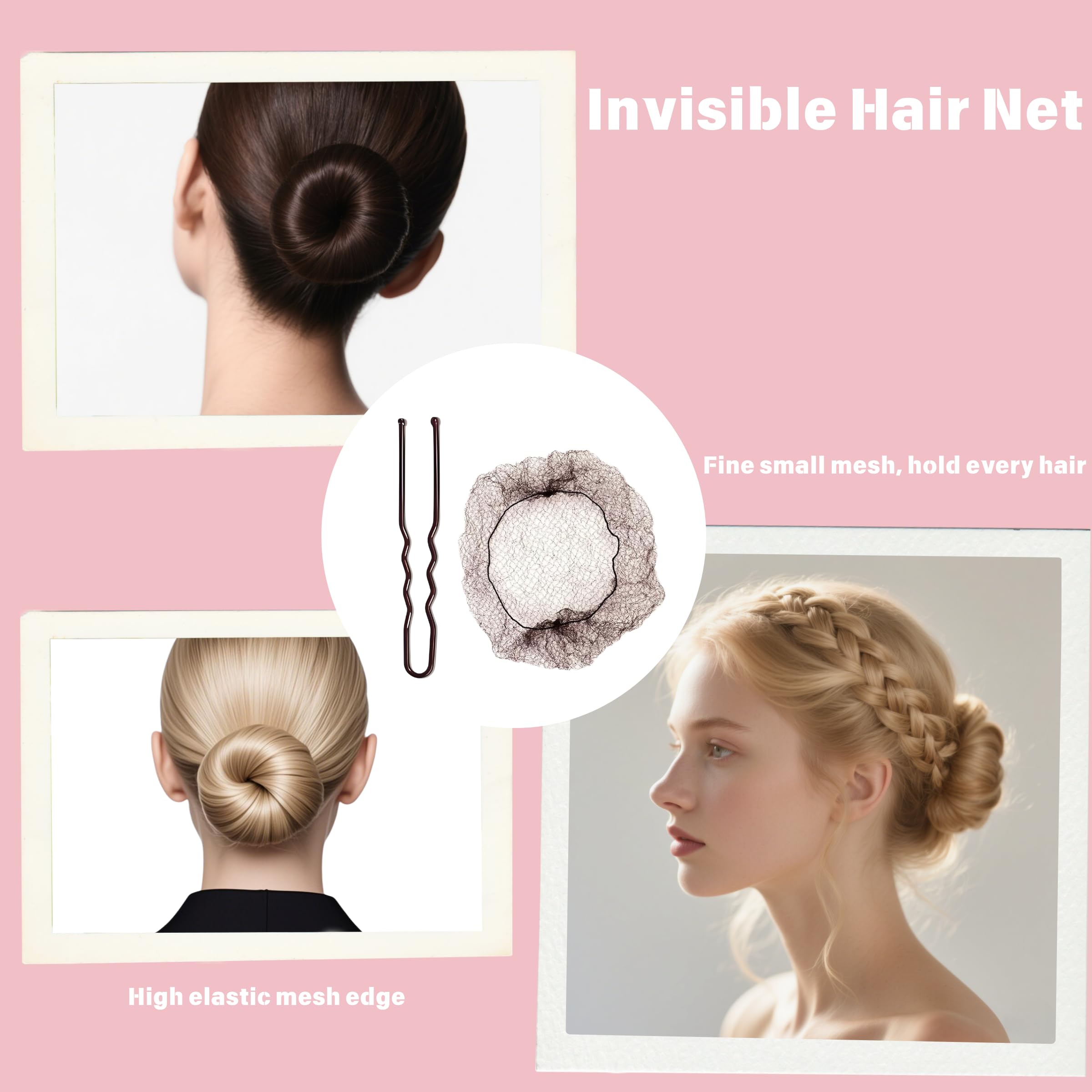 50PCS Hair Bun Nets with 40pcs U Shaped Hair Pins, Brown Invisible Bun Nets - Image 3