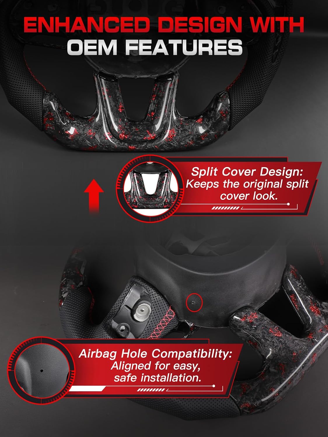 Forged Carbon Fiber Steering Wheel compatible with Dodge Challenger (2015-2024), for Charger, for Durango - Red Foil Pattern & Grip Inserts, Trim Cover, Flat D-Shape
