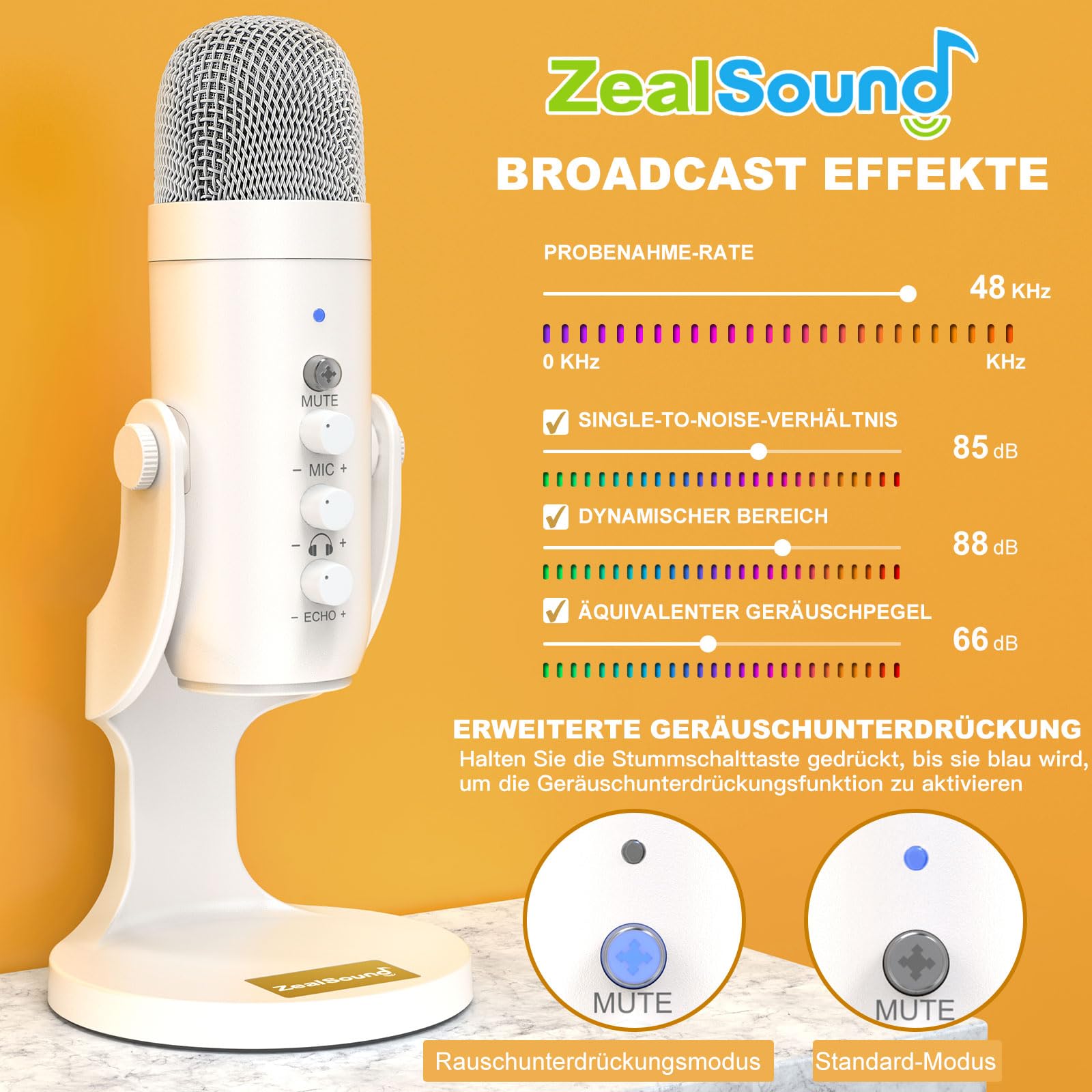 zealsound USB Mikrofon mit Rauschunterdrückung, Mute, Echo & Gain, für PC, Mac, iPhone, Android, PS4/PS5, ideal für Streaming, Gaming, ASMR, YouTube, Gesang, Twitch – K66 Pearly White