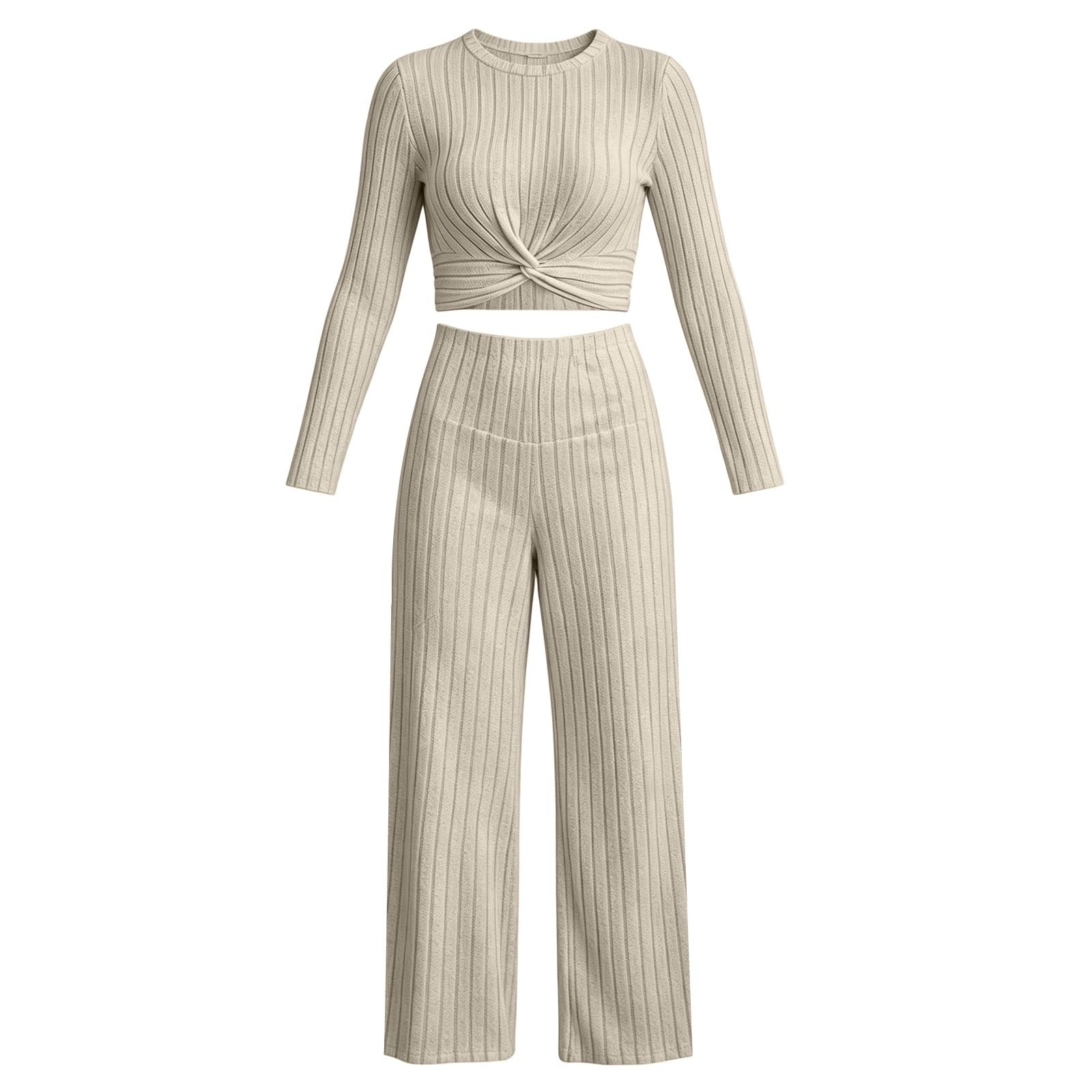 Set da donna lavorato a maglia, 2 pezzi, autunno, elegante, slim fit | Tuta da jogging in maglia con scollo rotondo, slim fit, gamba larga, pantaloni dritti, due pezzi, a costine