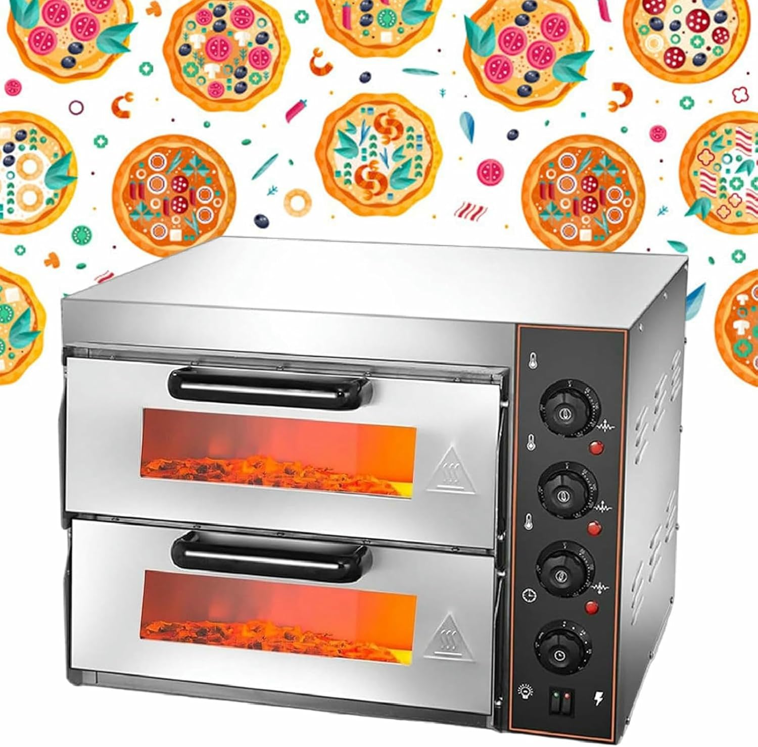 Double Deck 16 inch Pizza Oven, Multipurpose Indoor Pizza Oven for Restaurant Use, 3000W Commercial Pizza Oven with 120-622℉ knob Temperature and Timer,