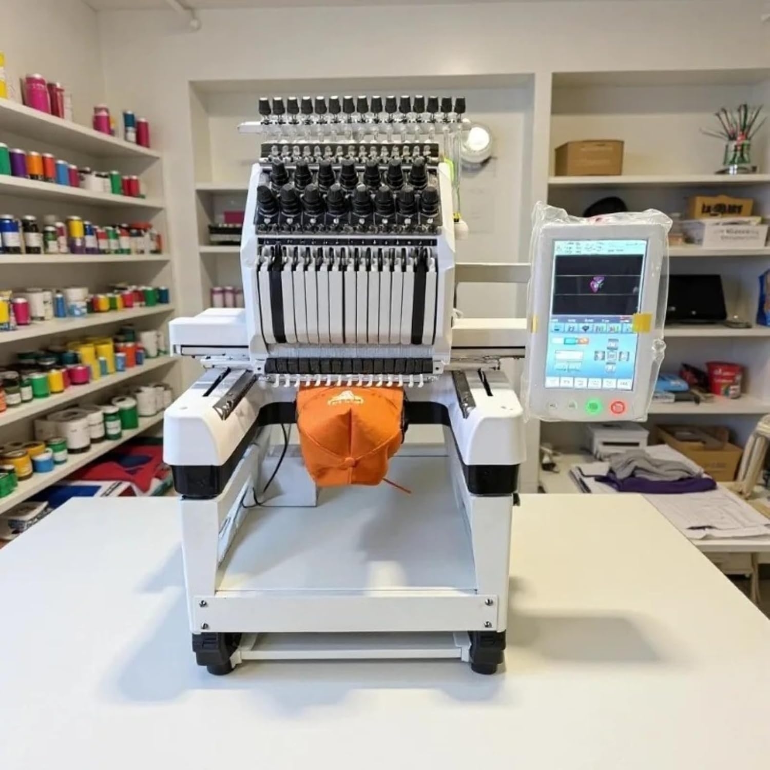 High-Speed Commercial Embroidery Sewing Machine Compact Digital Embroidery Machine for DIY Craft Clothing and Hat Embroidery Auto Color Change & Trim, WiFi/USB Design Transfer