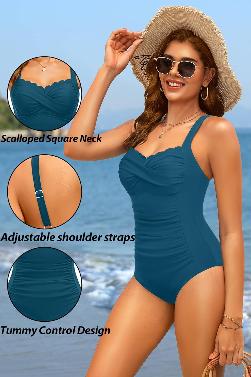 Daci Teal One Piece Swimsuit for Women - Tummy Control Bathing Suit with Scalloped Square Neck Retro Swimwear 2026 S - Image 5