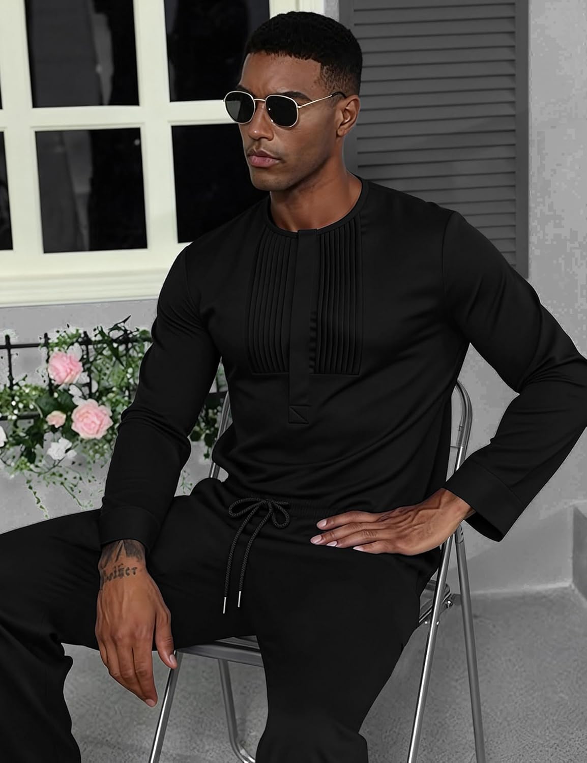 Mens African 2 Piece Set Nigerian Dashiki Traditional Suit Pleated Snap Button Shirts and Pants Outfit - Image 3