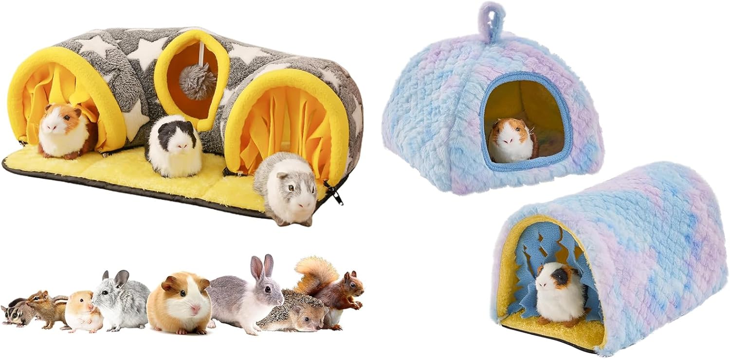 Avont Guinea Pig Hideout Tunnel Bundle with 2 Pack Guinea Pig Hideout Bed and Tunnel Toys Set with Curtain
