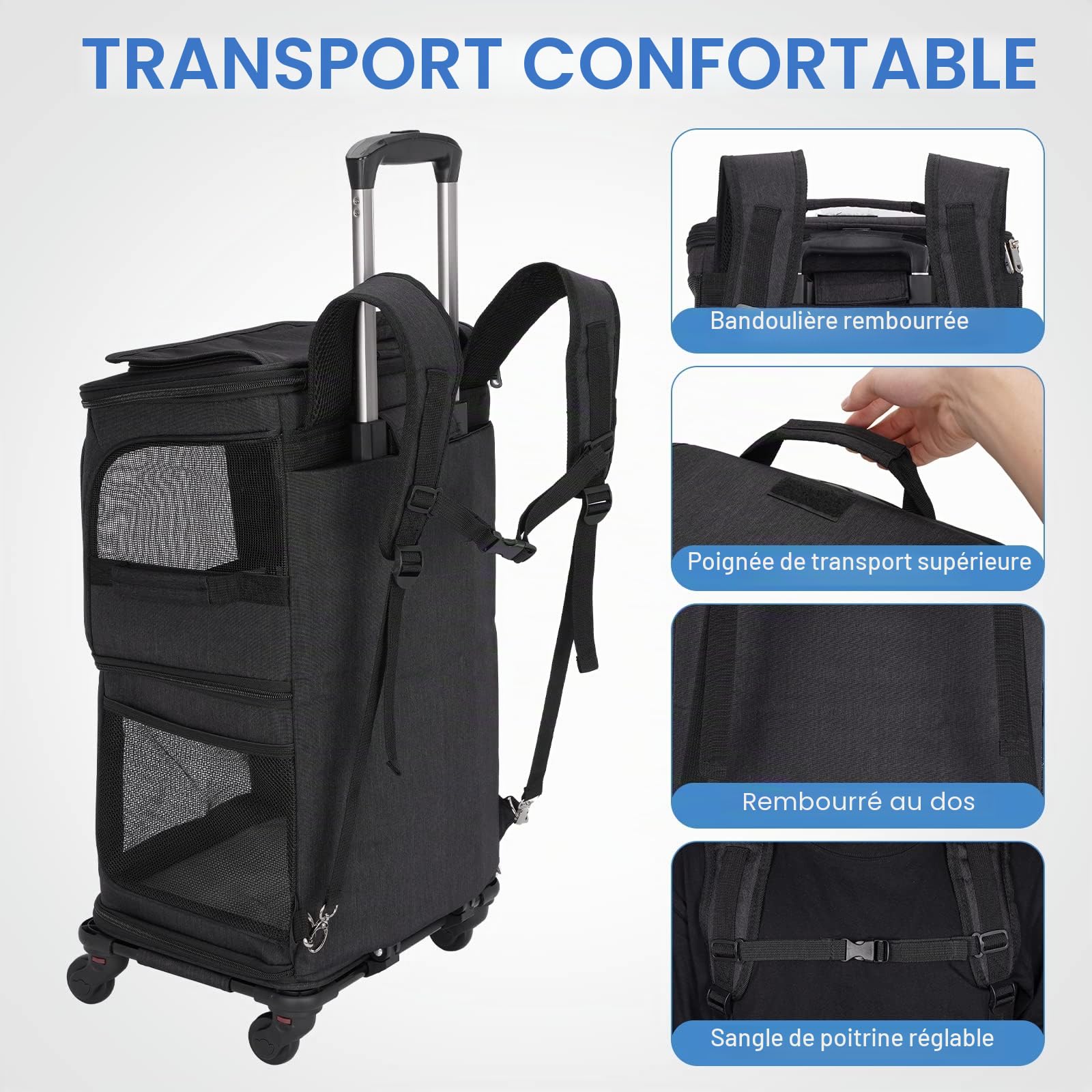 Sac de Transport pour 2 Chats avec roulettes jusqu'à 12kg, Noir | 2 compartiments jusqu'à 6kg chacun, Séparateur amovible, Chariot et roues détachables, Mode sac à dos, 2 laisses de sécurité