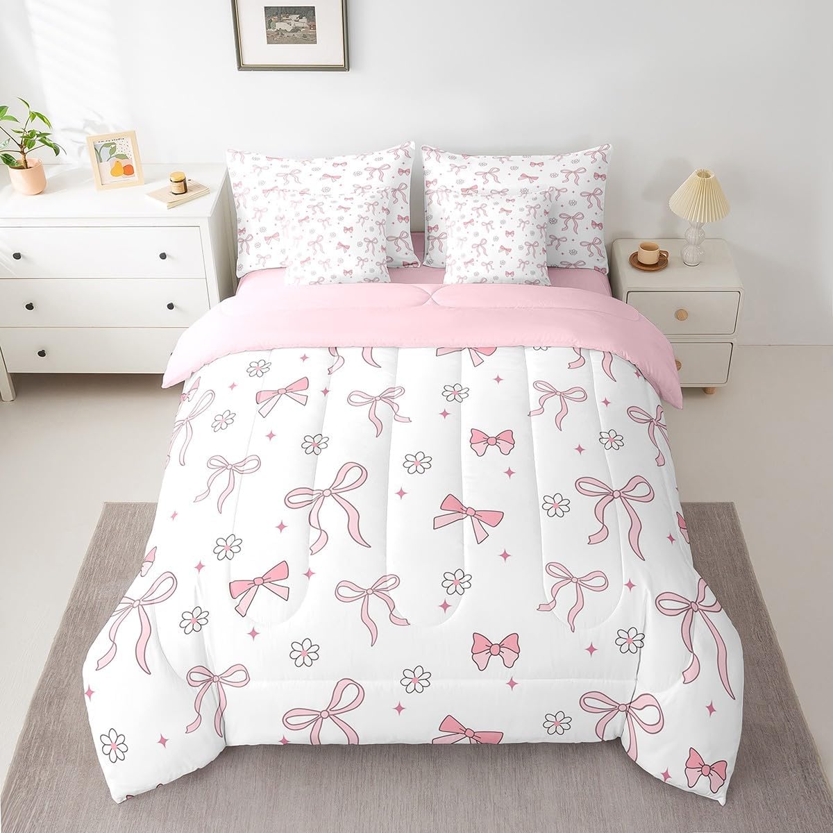 Erosebridal Bow Floral Bedding Sets Girls Kawaii Bow Tie Comforter Set 7 Piece Bed in A Bag Twin,Cute Princess Dreamy Bows Comforter and Sheets Simple Cute Aesthetic Bedroom Decor