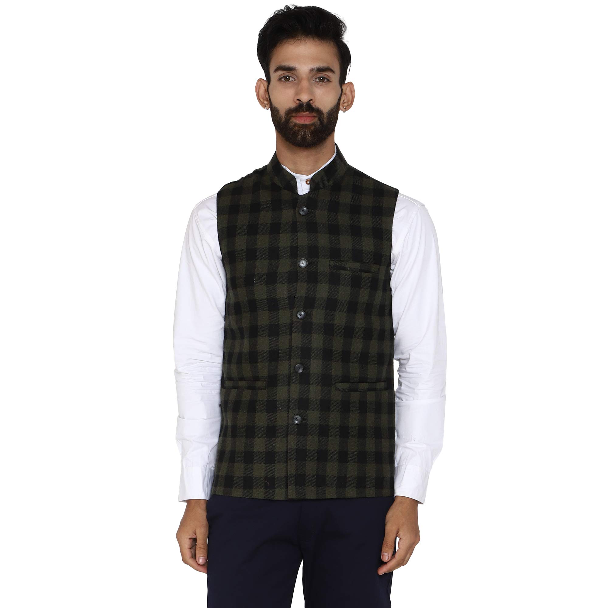 essentiele Men's Solid Olive Gingham Check Bandhgala Ethnic Nehru Jacket-picture-2