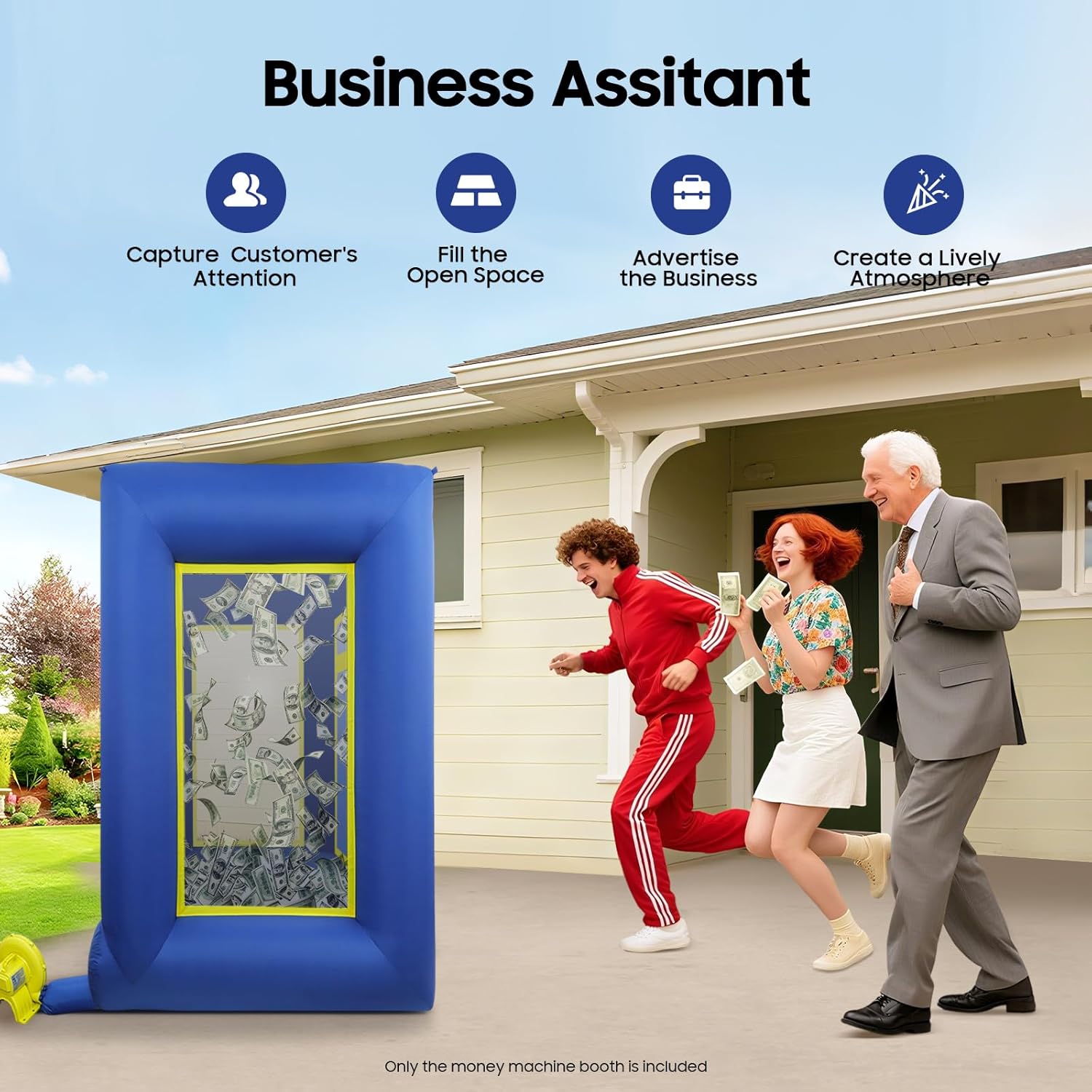 Blue Inflatable Cash Cube Booth Inflatable Money Machine Booth Party Decorations for Promotions, Birthday Parties, Christmas (No Blower Included, 79x42.5x106 Inch)