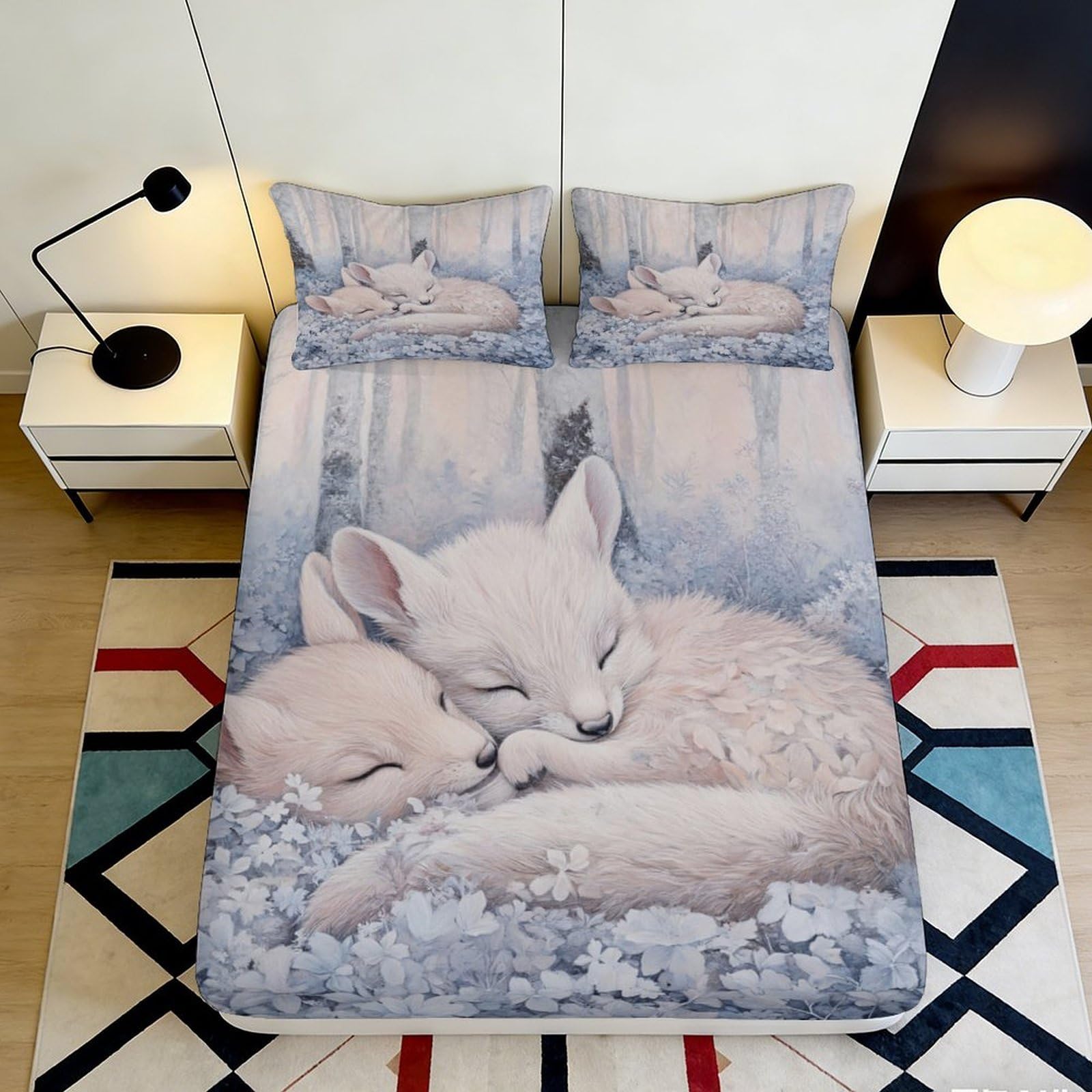 3D Printed Sleeping Fox Fitted Sheet Microfiber Soft Anti-Slip Forest Animal Mattress Cover Bedroom Decor 120x200x25cm