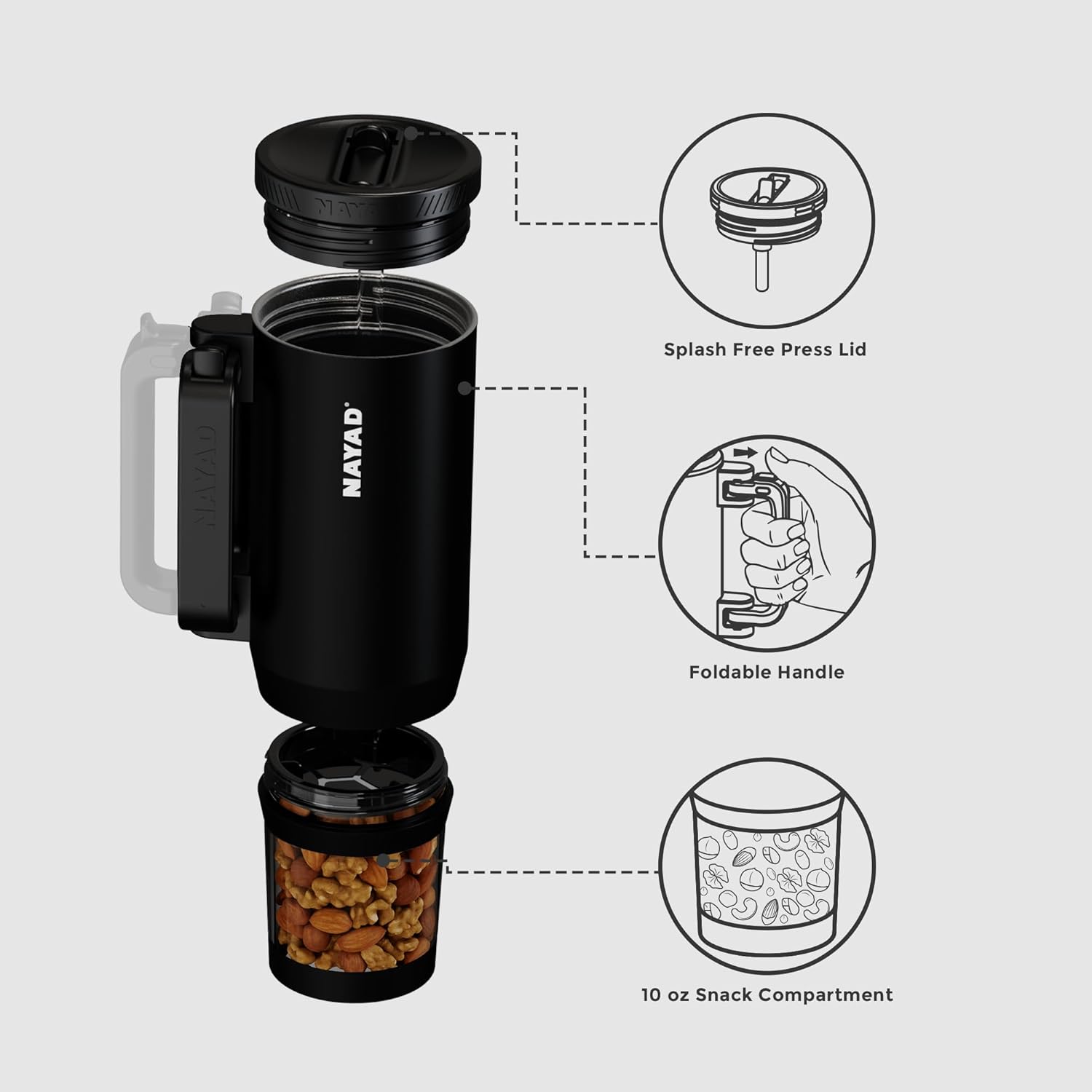Insulated Tumbler with Foldable Handle & Detachable Sna Box -