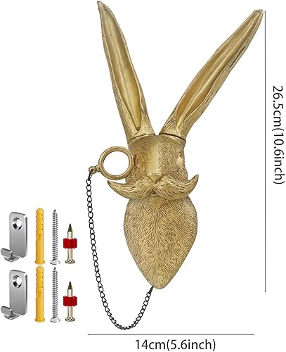 Miniatura 3 de Juedawyal Decoración artística de pared de cabeza de animal, cabeza de conejo, decoración de pared de animal, adornos bronceados para colgar en la