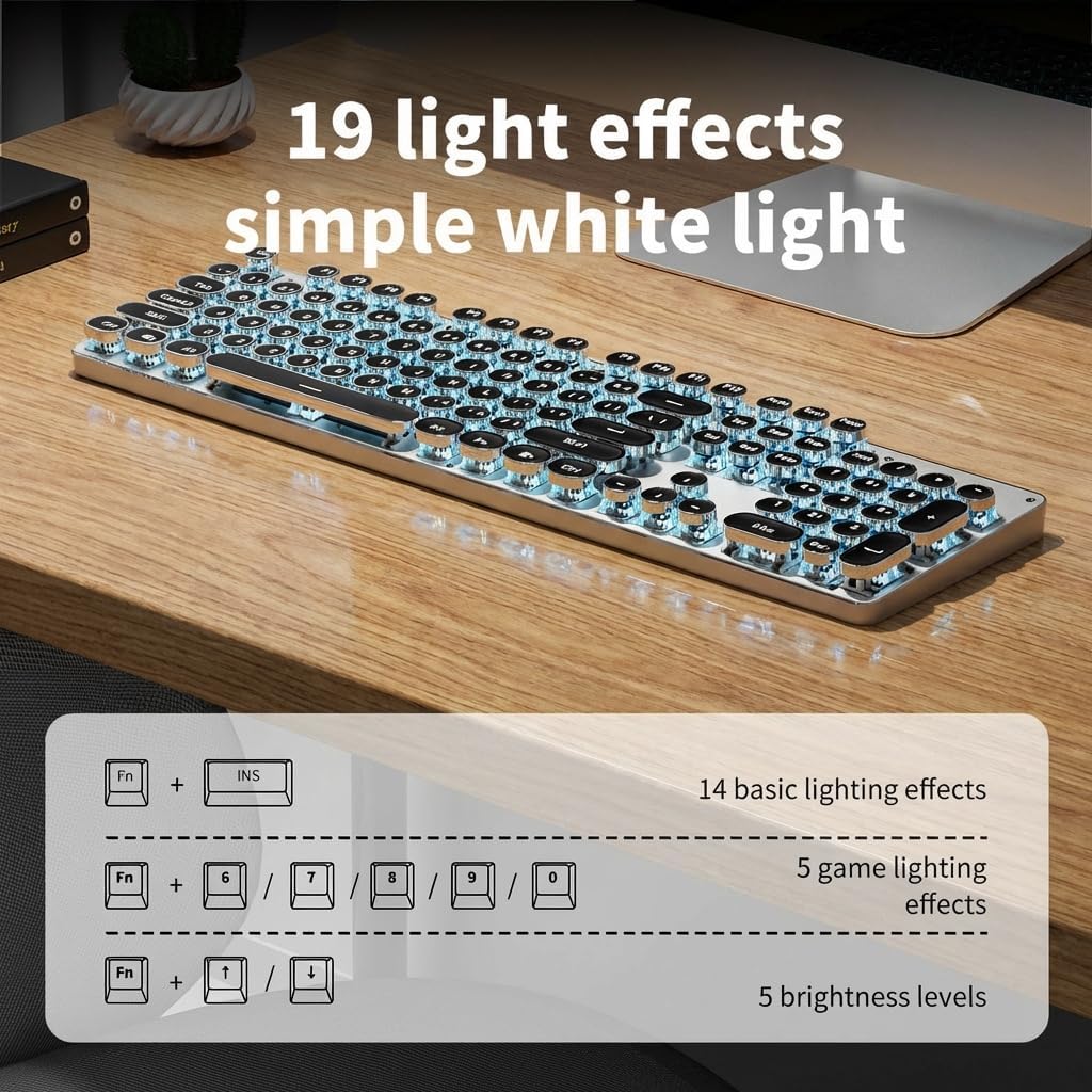 SEUNKWANG EWEADN TK950 Wireless Typewriter Mechanical Keyboard, 104 Keys Retro Aesthetic Bluetooth/2.4G/Wired 3-Mode Blue Backlit Keyboard with Clicky Blue Switches for Mac & PC, Black image 4