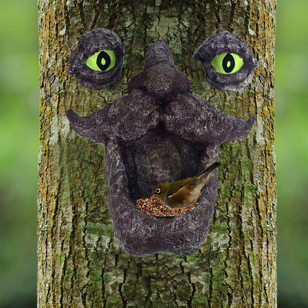 Tree Face Bird Feeder, Hand-Painted Outdoor Old Man Wild Bird Feeder Whimsical Tree Sculpture with Glow in The Dark Eyes for Garden Decor and Yard Art