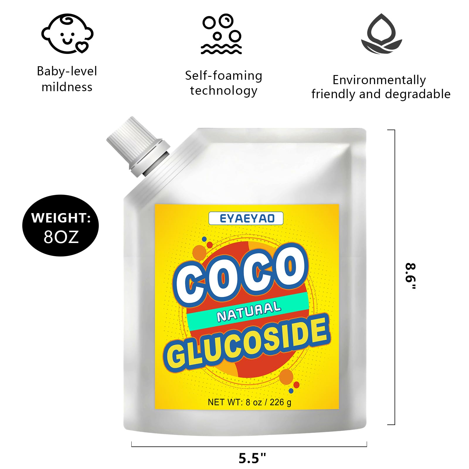 Pure Coco Glucoside - 8 Ounces, 100% Natural, Gentle Surfactant for DIY Skincare, Haircare & Cleaning Products, Eco-Friendly & Biodegradable (8 Ounces)