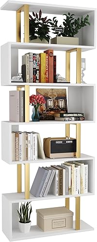 Yusong Estantería geométrica, estantería en forma de S, estantes de libros de 6 niveles para dormitorio, estante decorativo de madera moderno,