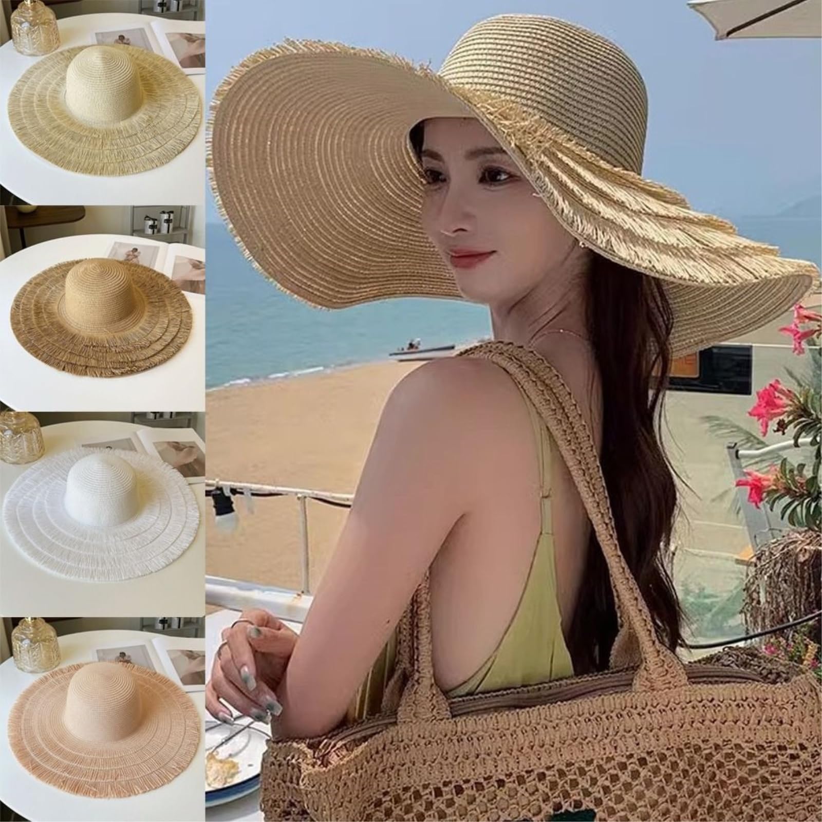 Straw Hat Women's Fashionable Wide-Brimmed Hat, składany Casual Panama Sun Protection Fisherman Hat-beżowy