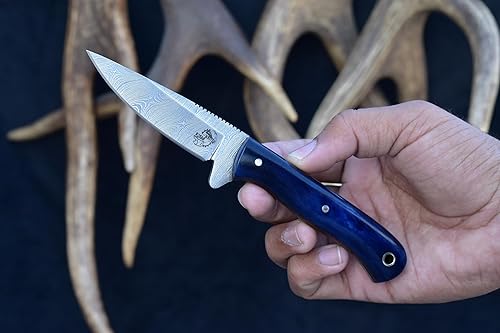 Miniatura 2 de Knives Ranch Cuchillo EDC de hoja fija de 7 pulgadas, cuchillo de caza, acero de damasco, espiga completa, mango de hueso, funda de cuero de